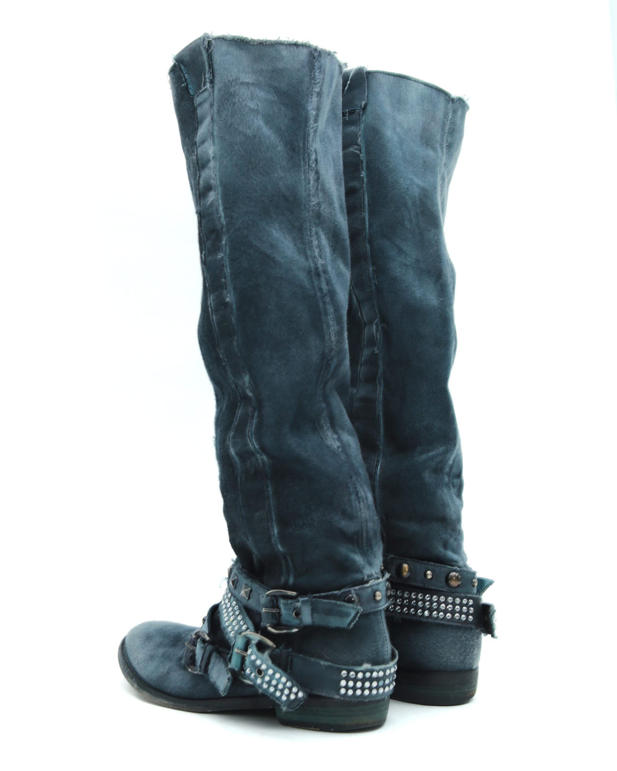 blue distressed studded leather boots