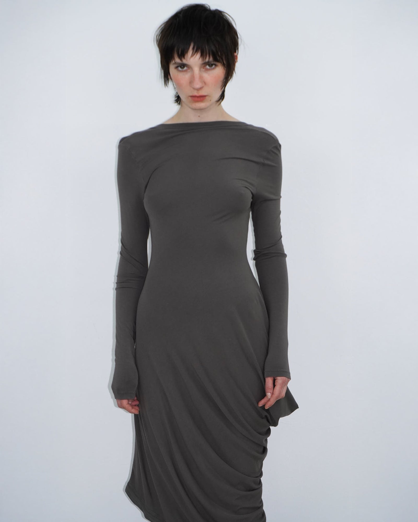 brown asymmetrical mud dress