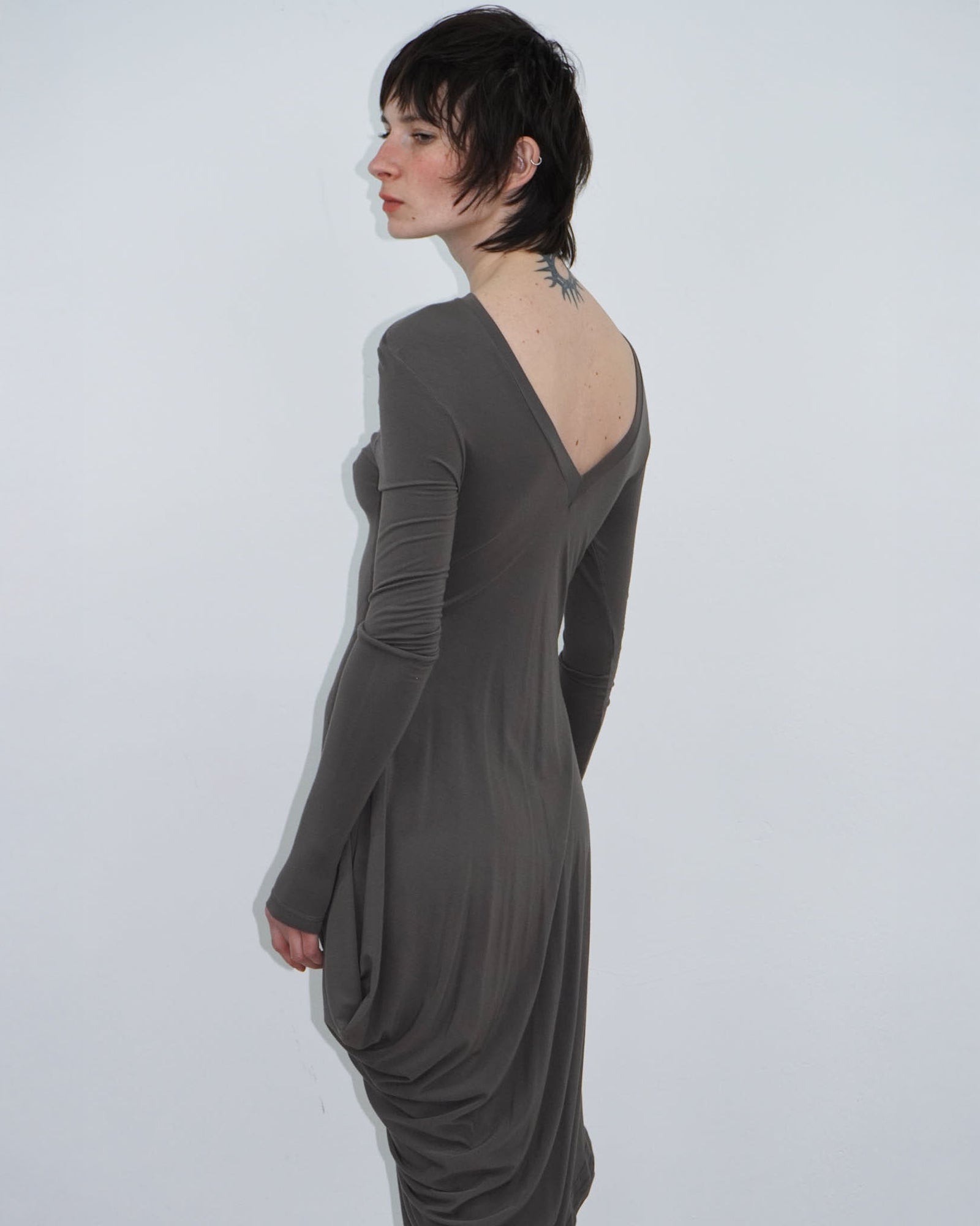 brown asymmetrical mud dress
