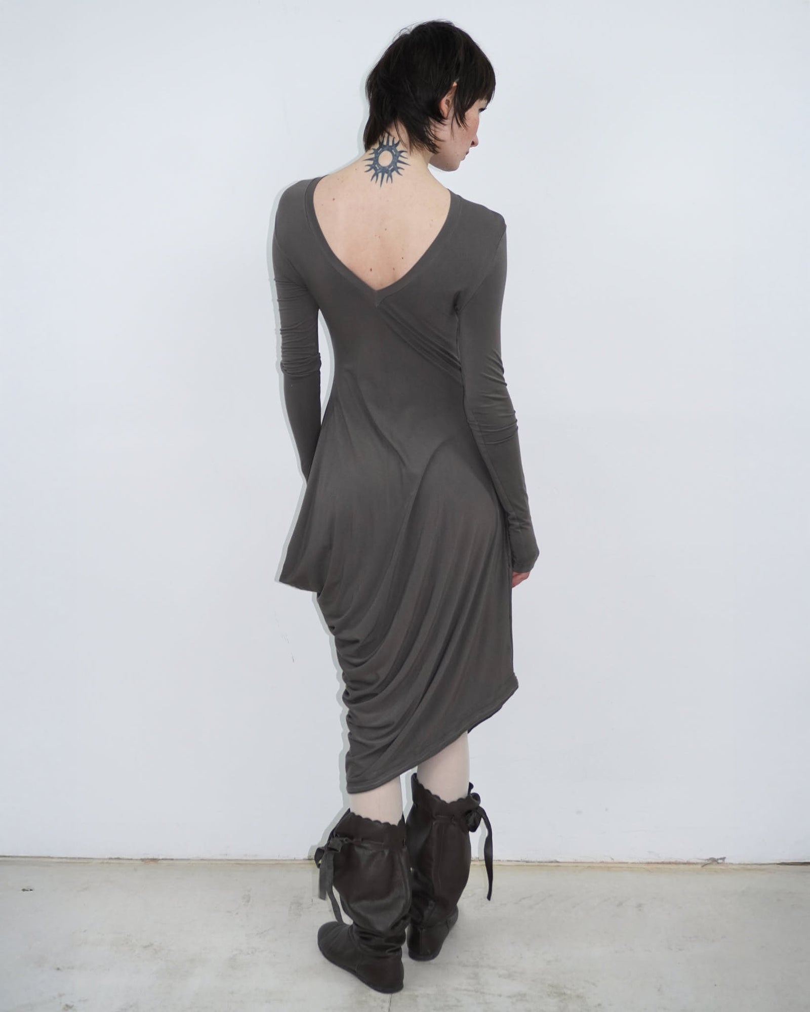 brown asymmetrical mud dress