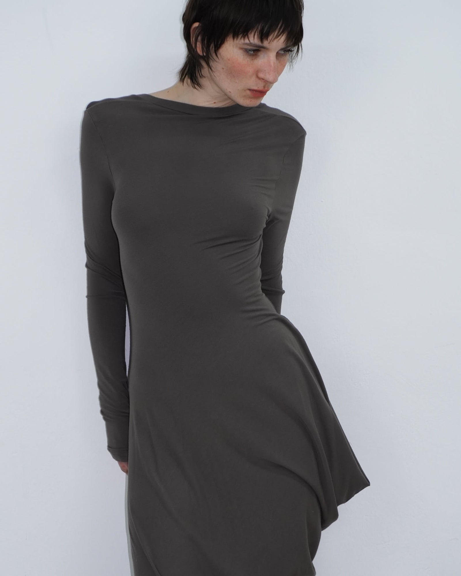 brown asymmetrical mud dress