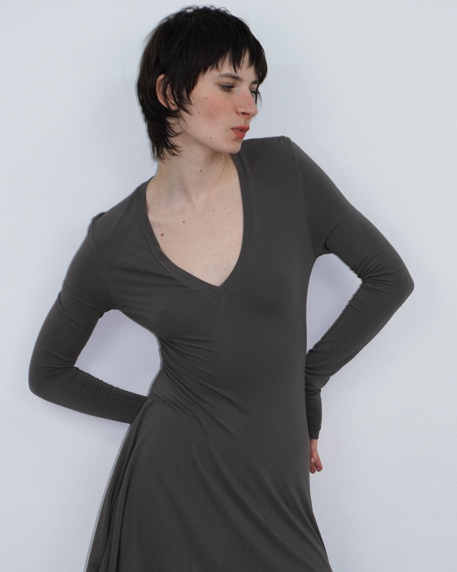 brown asymmetrical mud dress