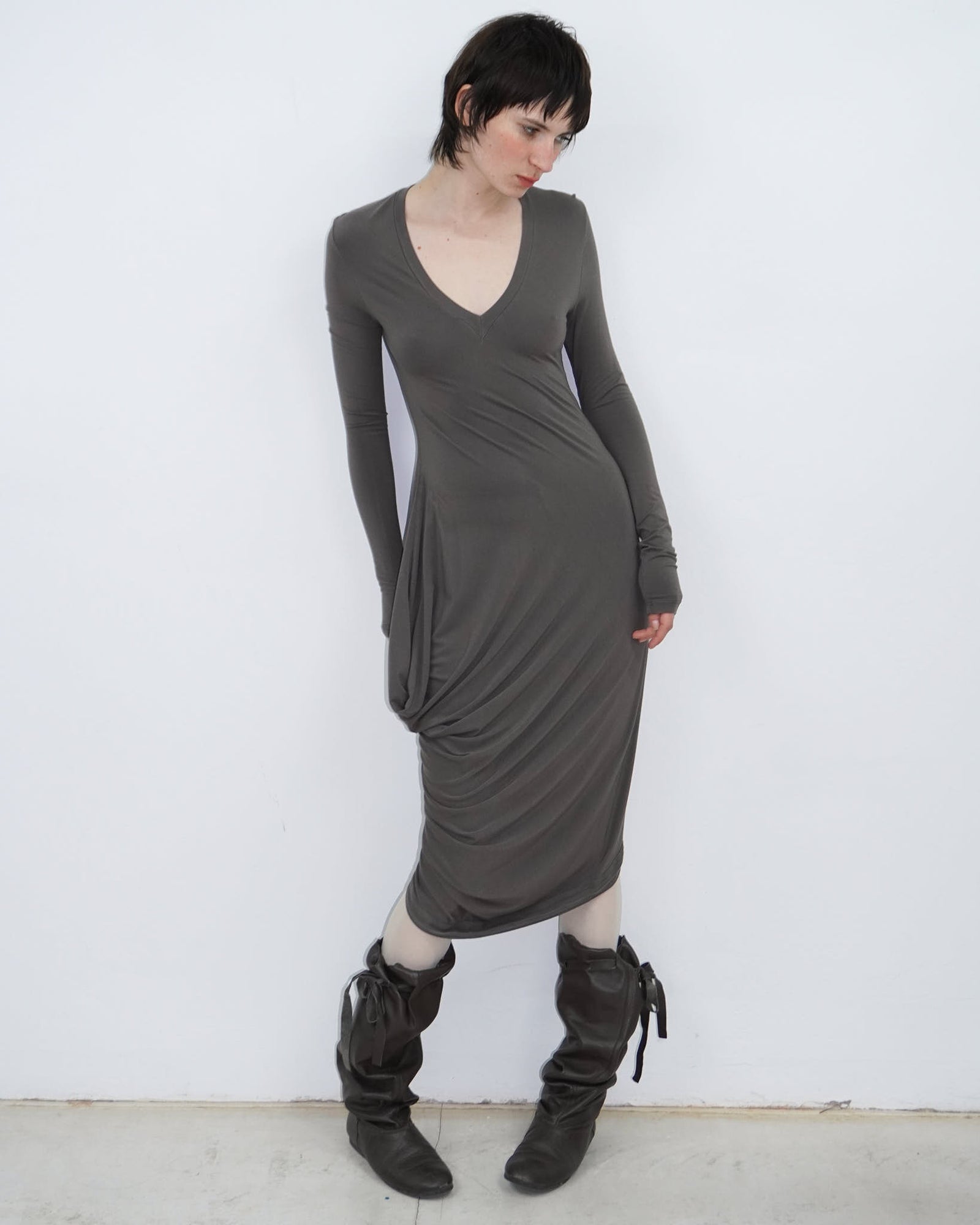 brown asymmetrical mud dress