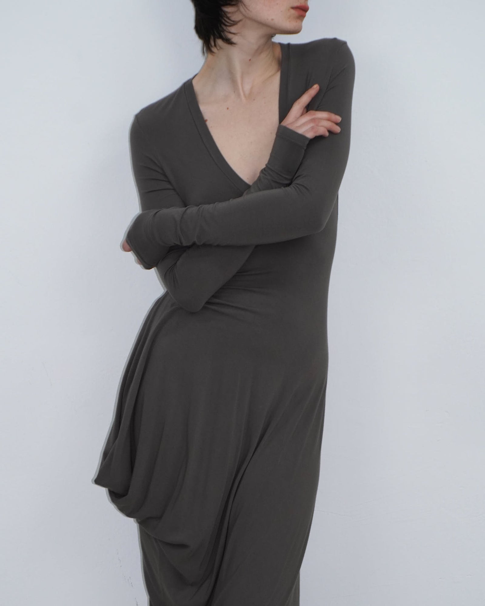 brown asymmetrical mud dress