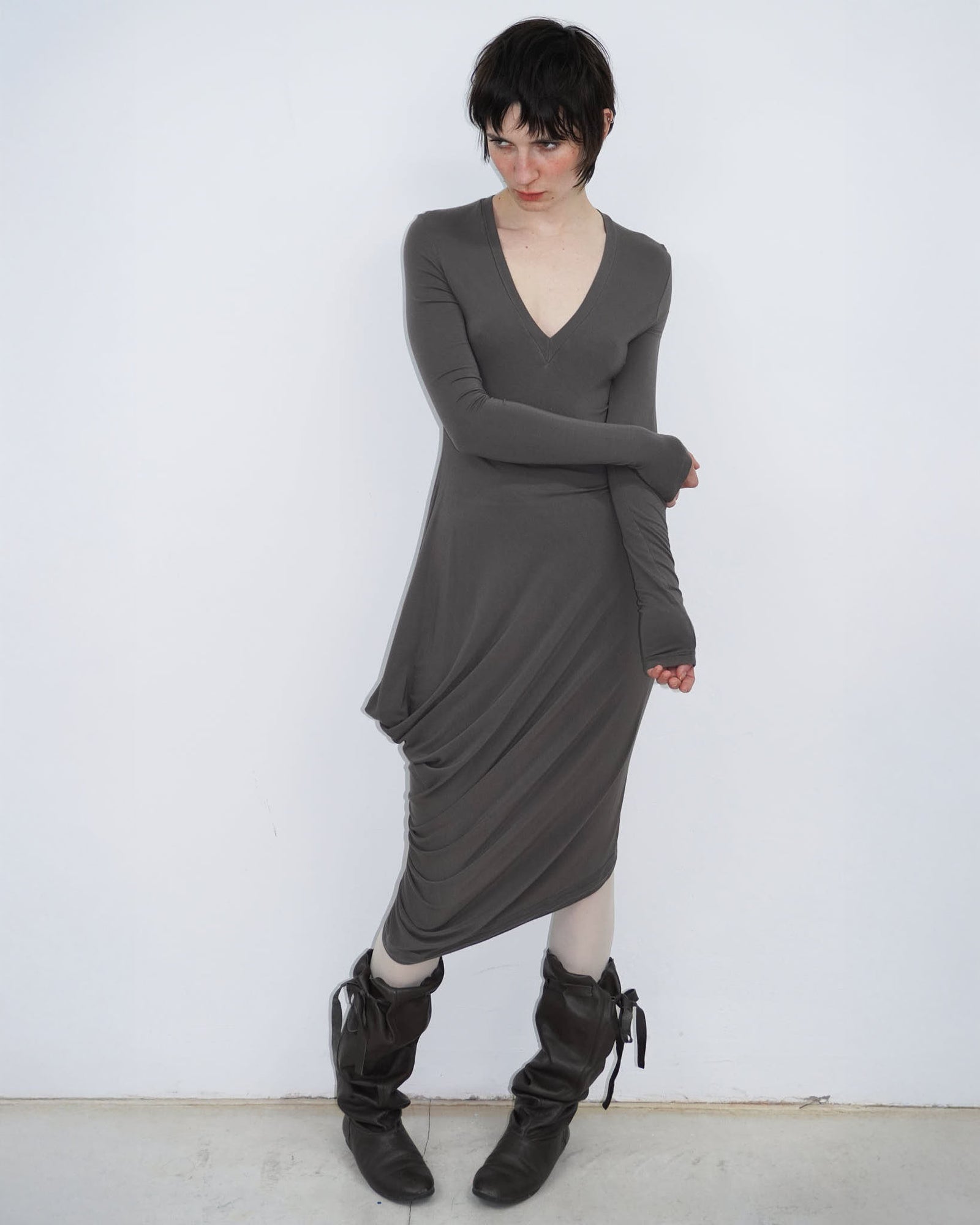 brown asymmetrical mud dress