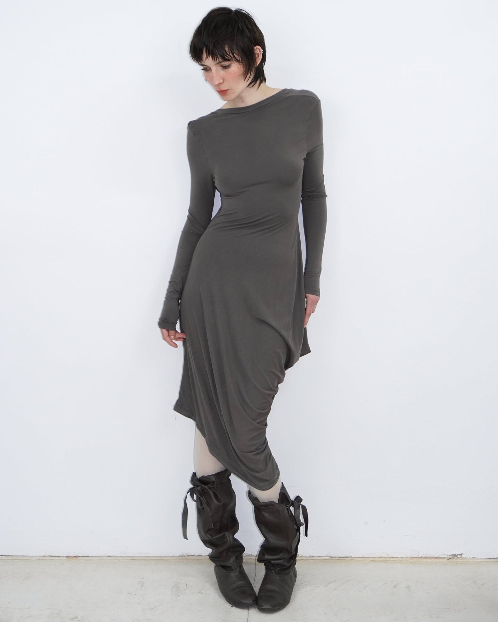 brown asymmetrical mud dress