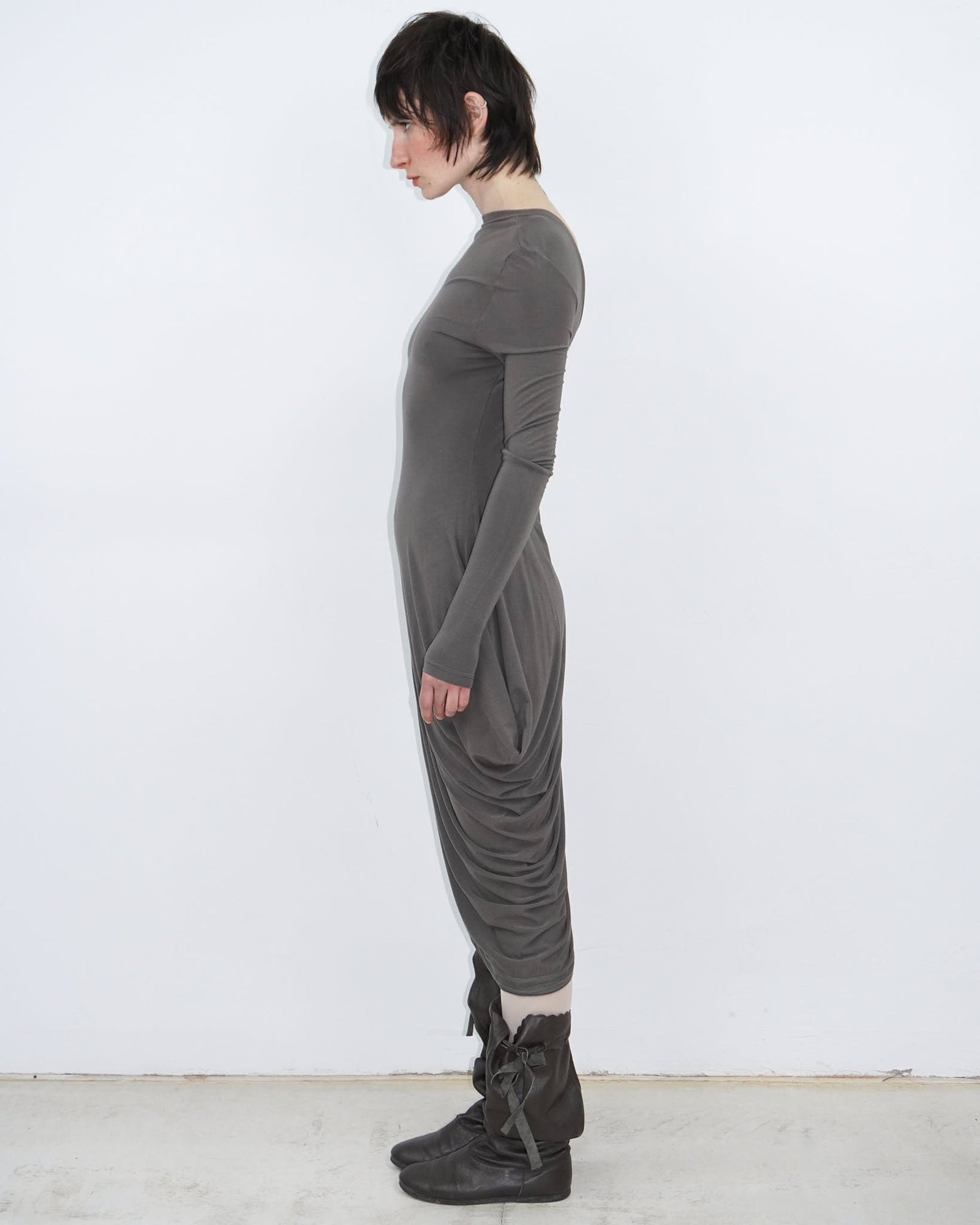 brown asymmetrical mud dress
