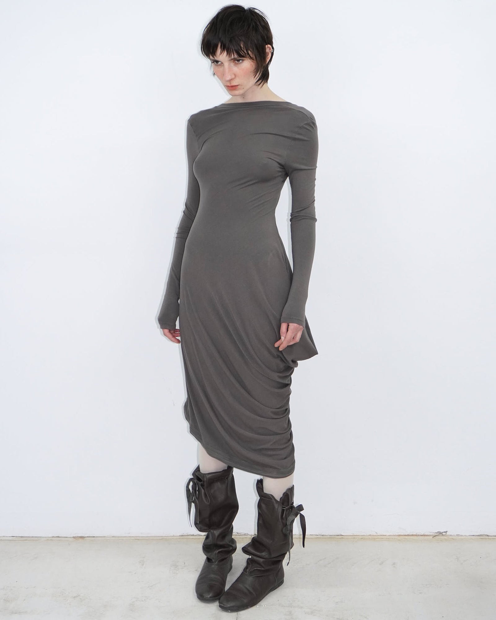 brown asymmetrical mud dress
