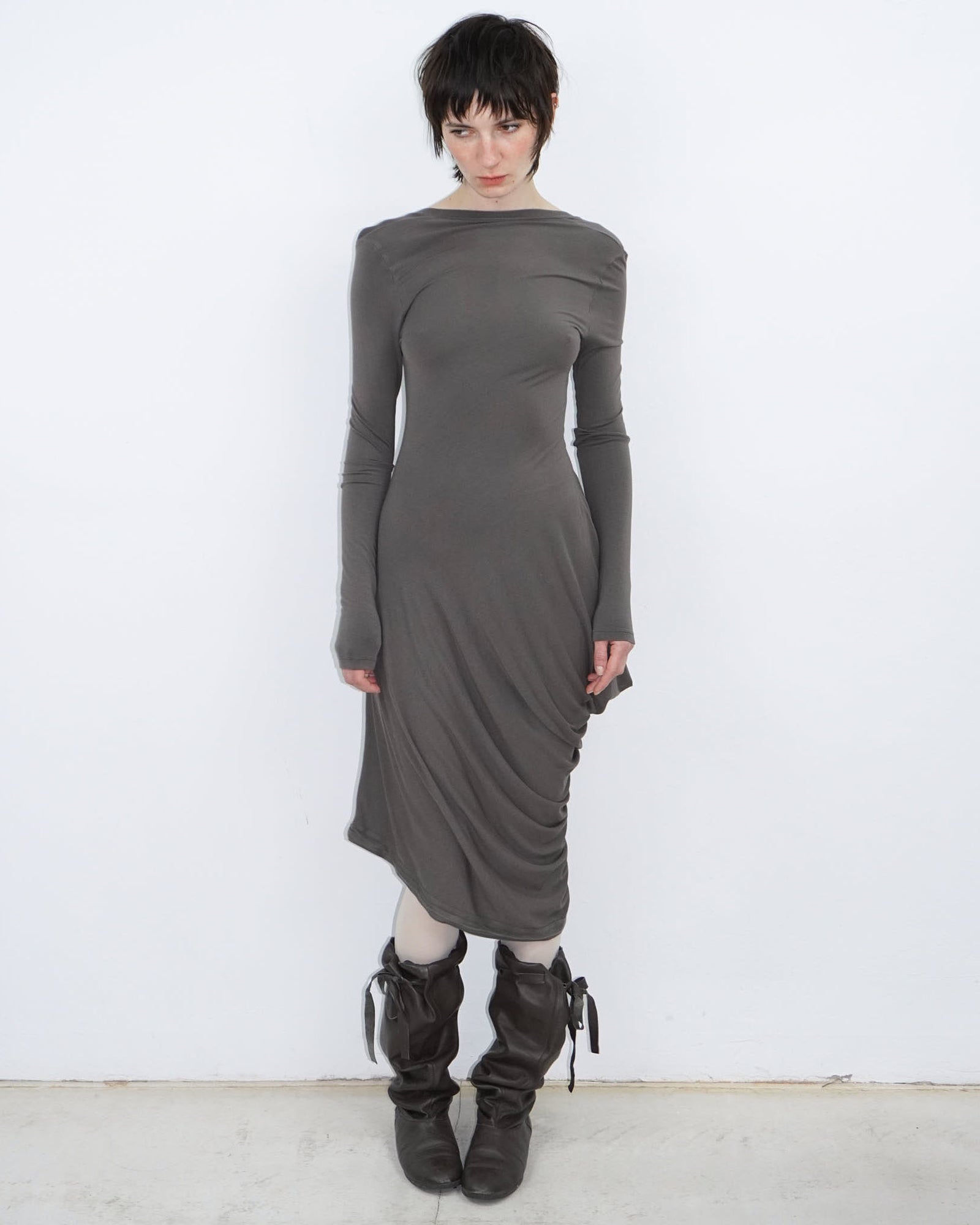 brown asymmetrical mud dress