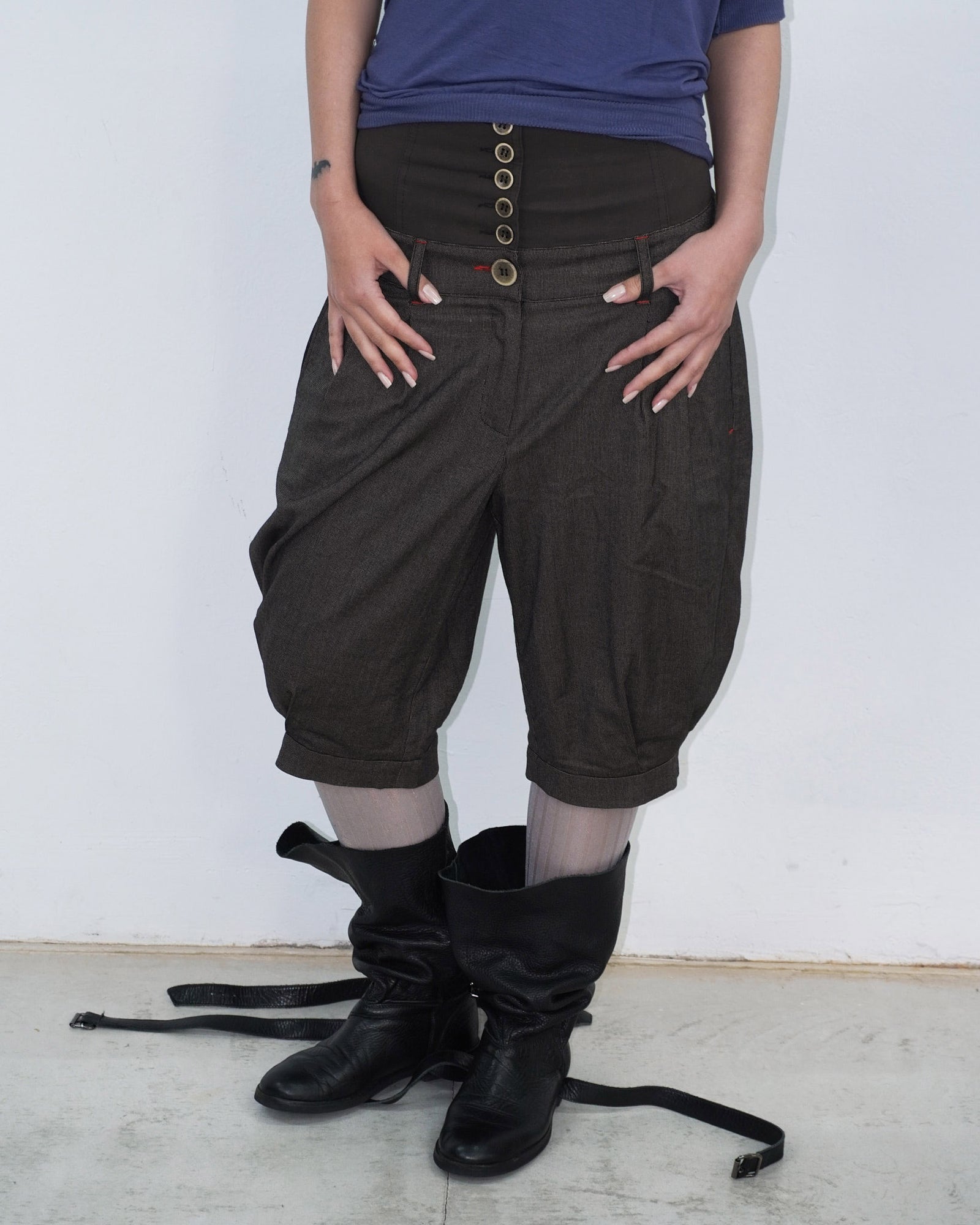 brown capri pants with button up details