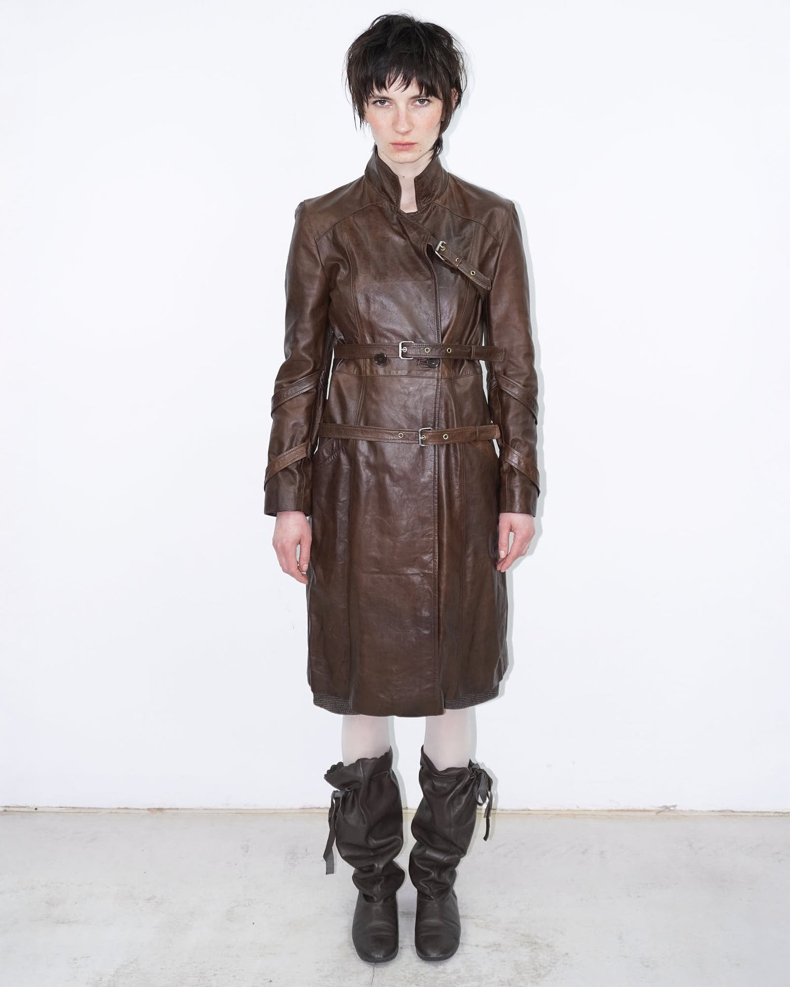 brown genuine leather bondage trench coat
