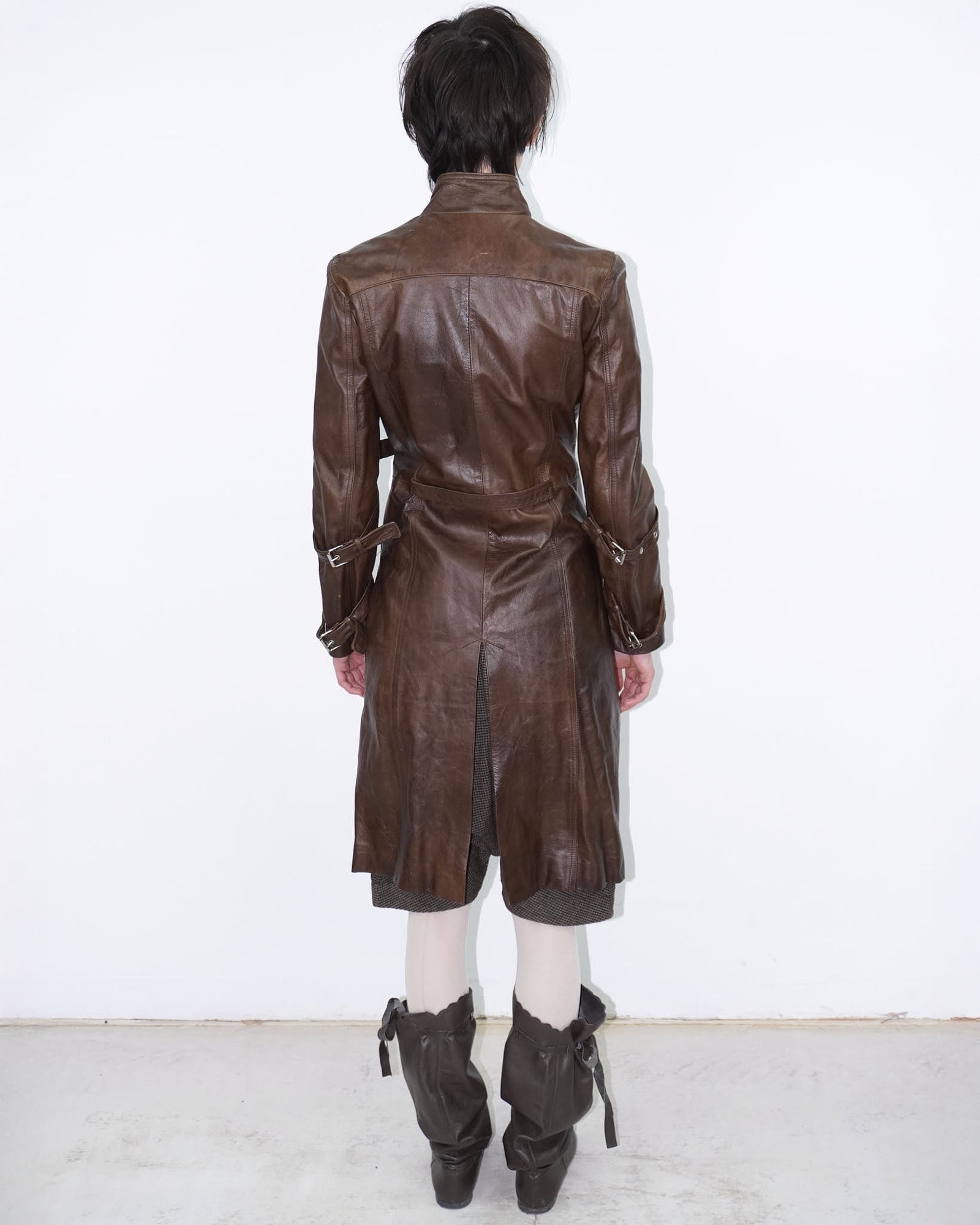 brown genuine leather bondage trench coat
