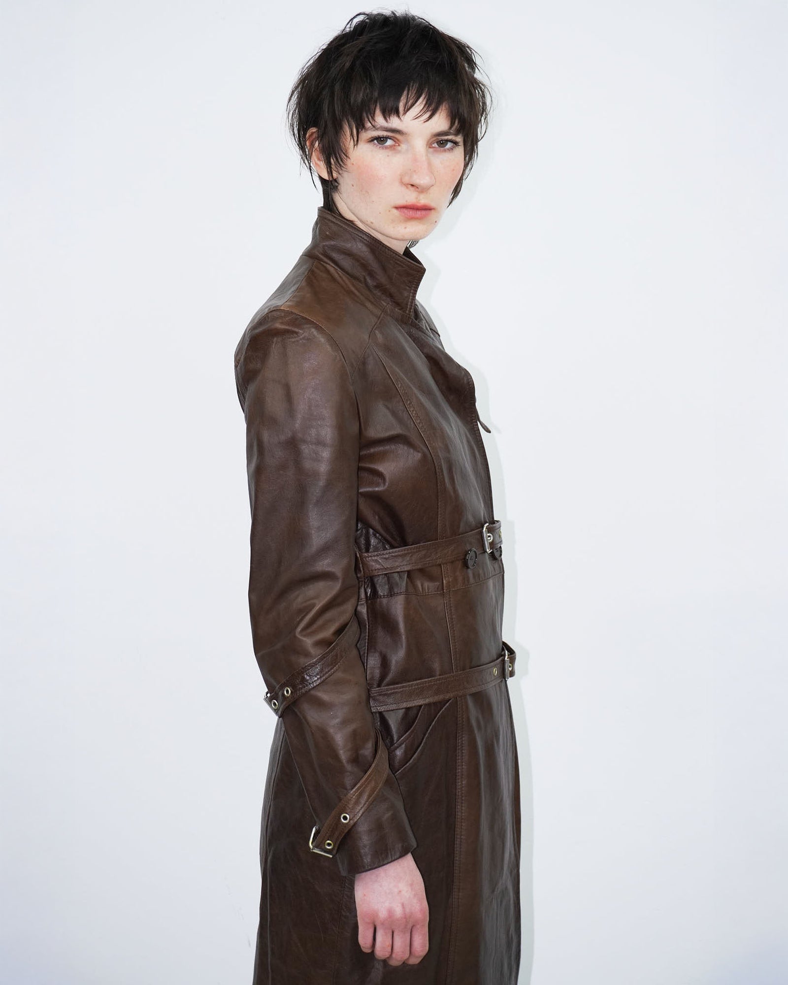 brown genuine leather bondage trench coat