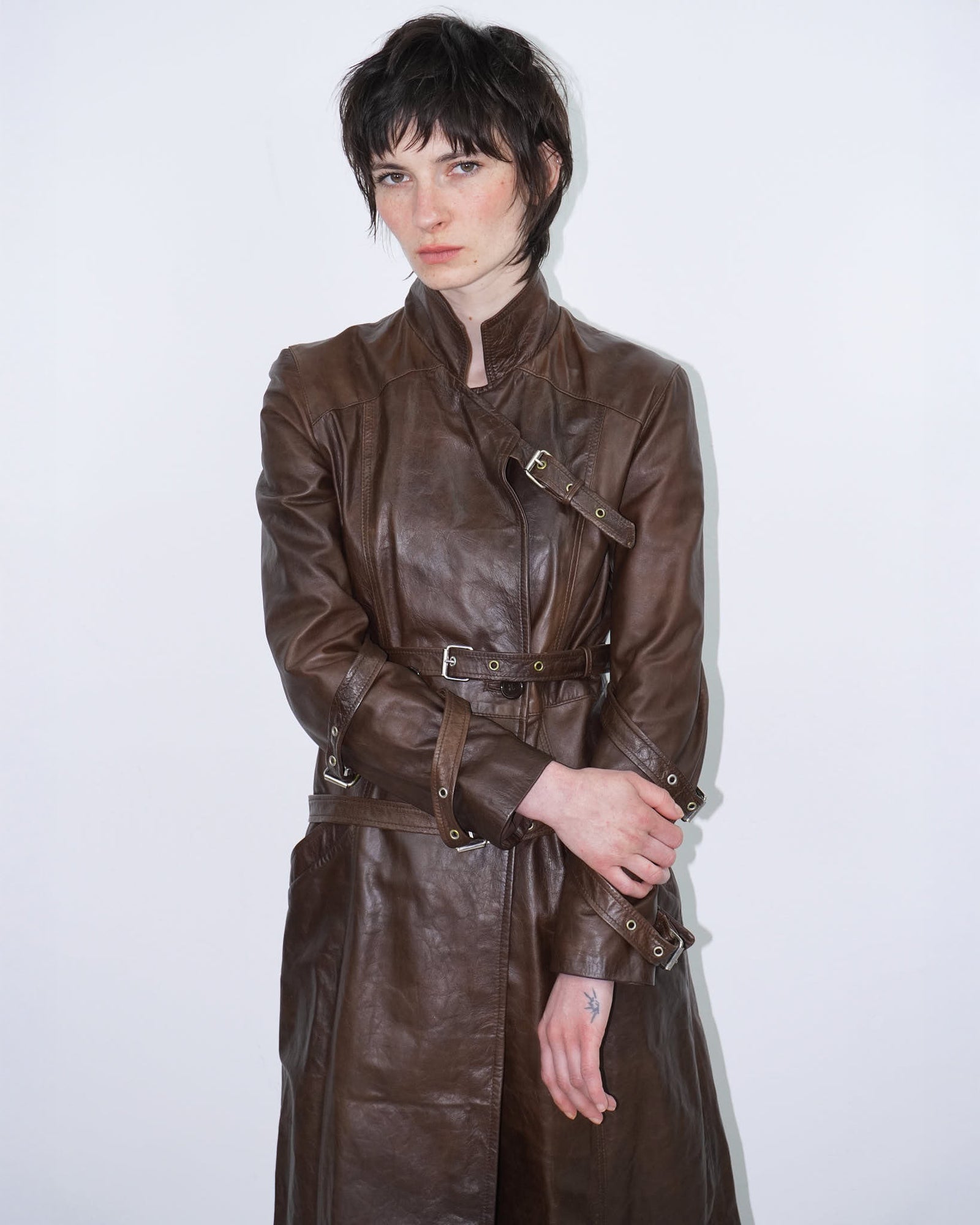 brown genuine leather bondage trench coat