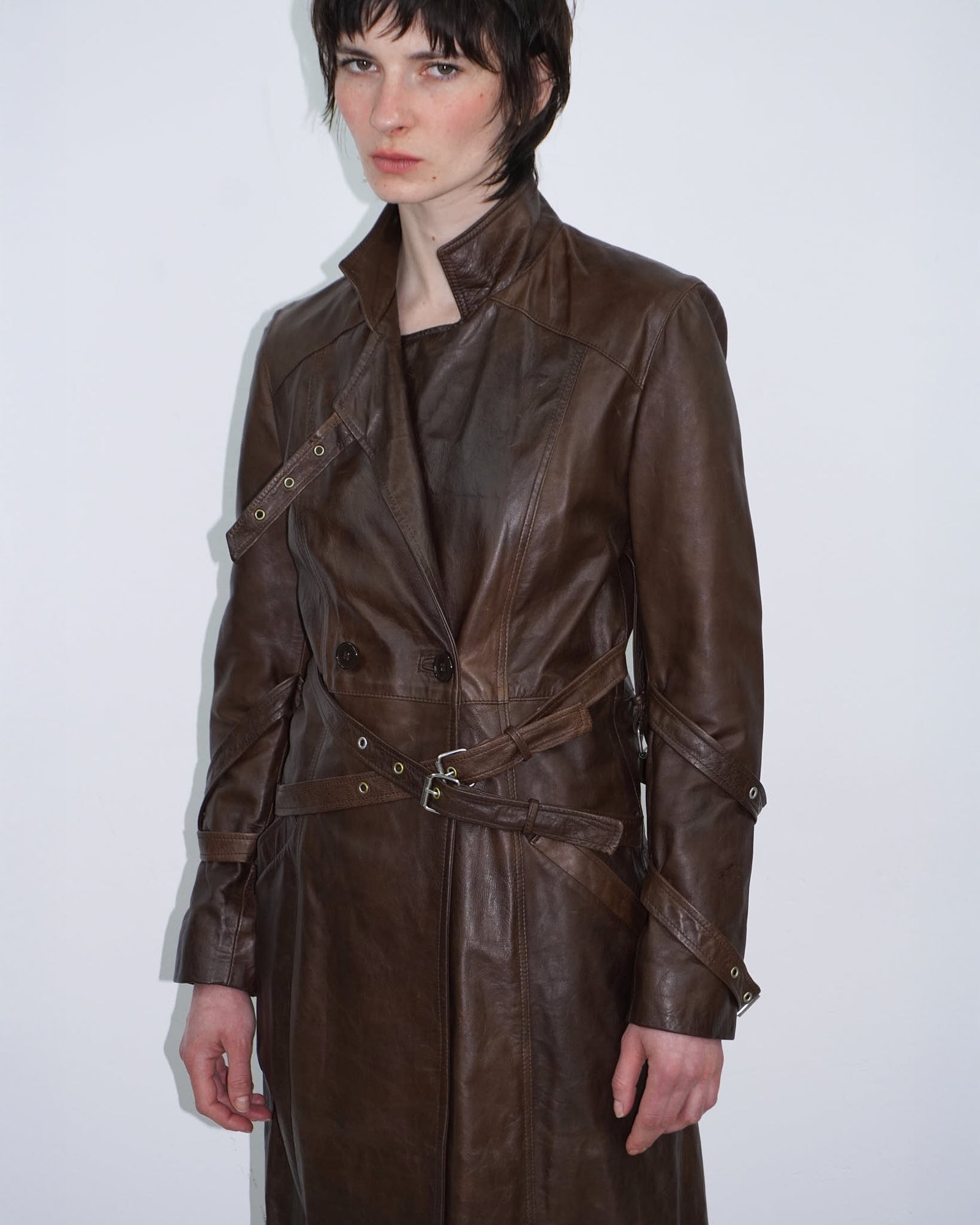 brown genuine leather bondage trench coat