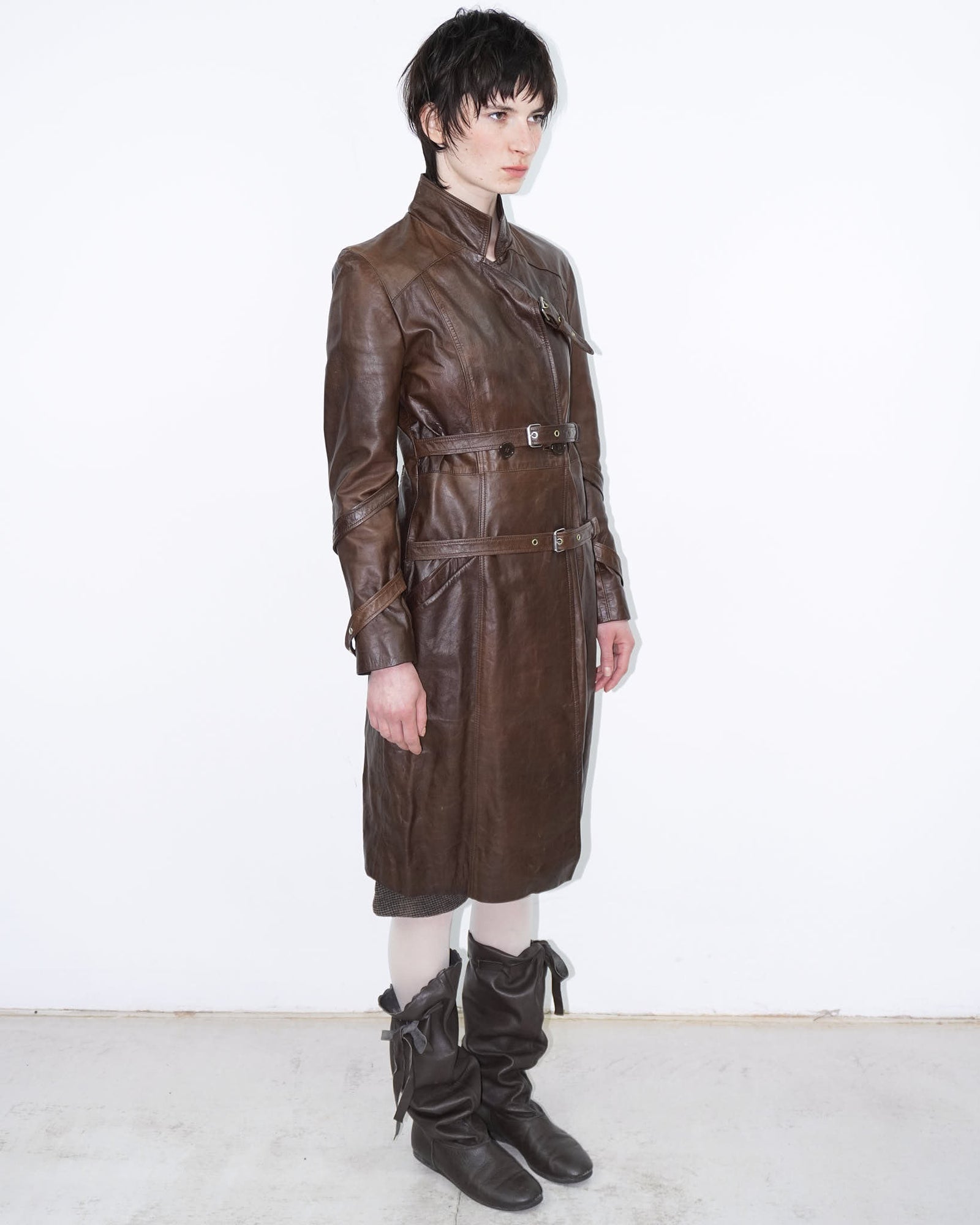 brown genuine leather bondage trench coat