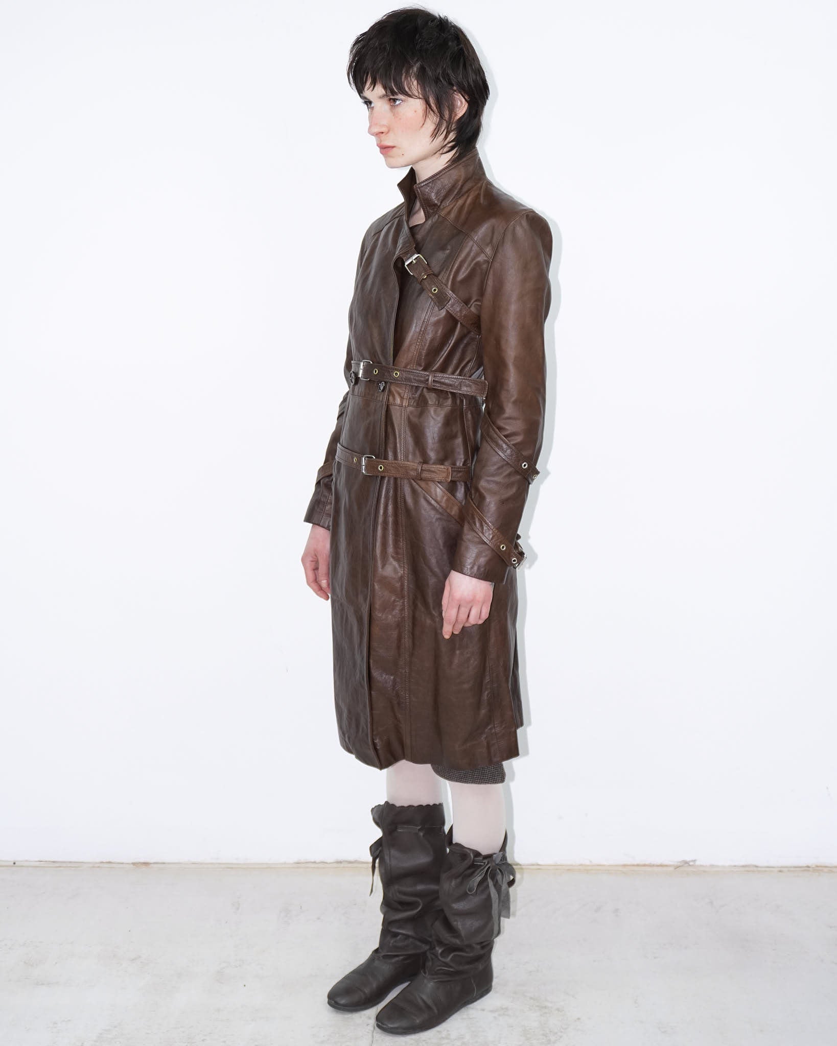 brown genuine leather bondage trench coat – ANEMONIA