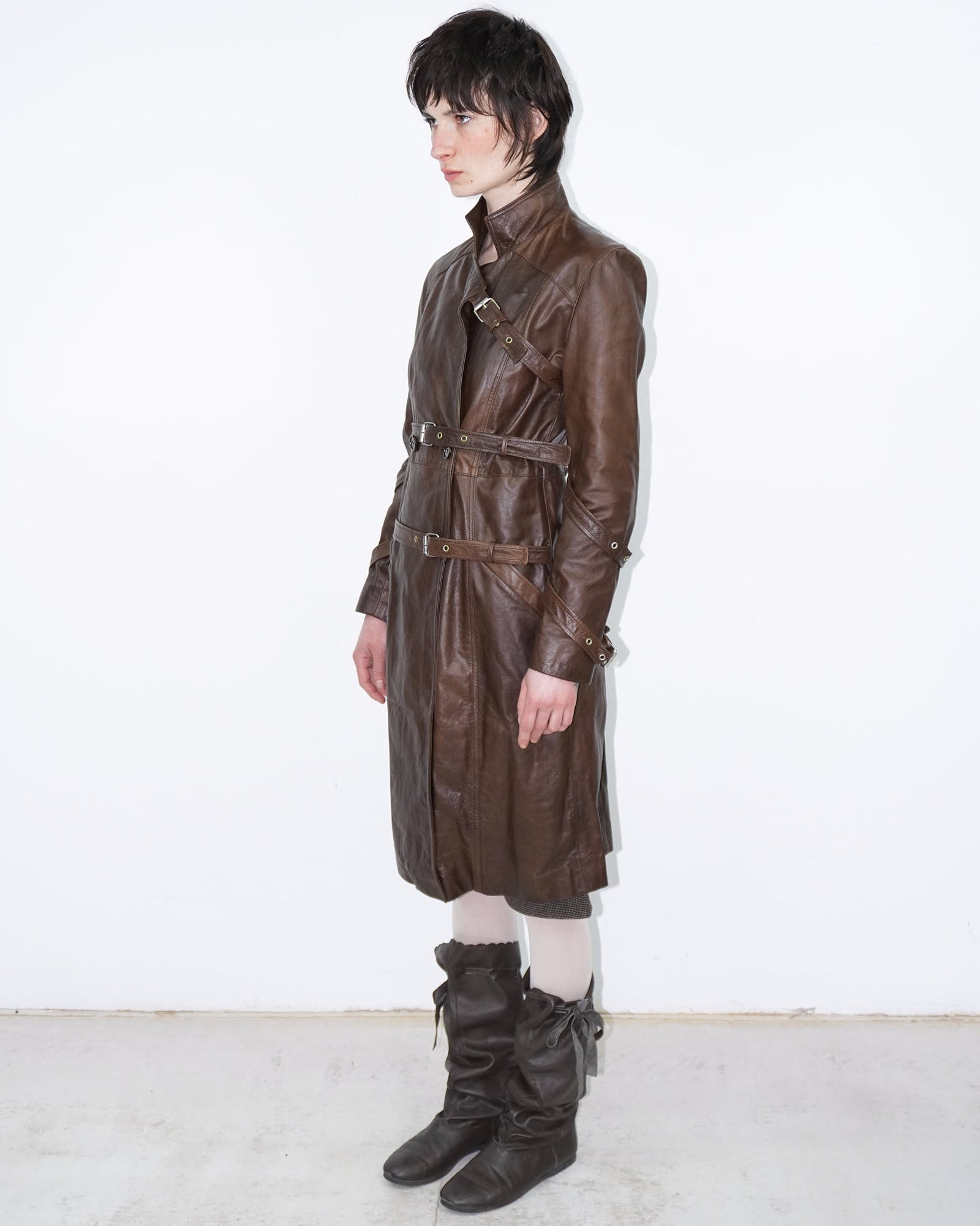 brown genuine leather bondage trench coat