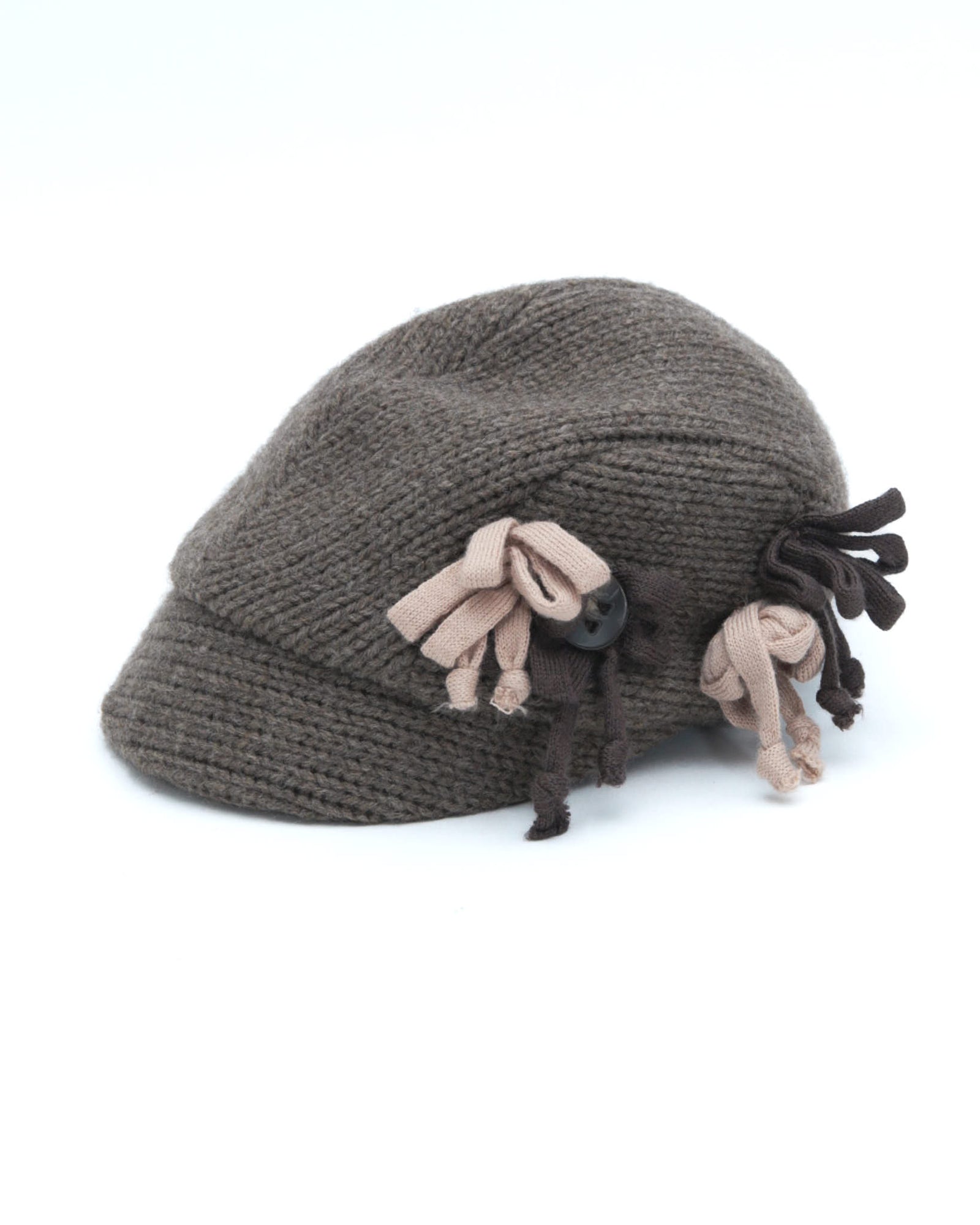 brown knit cap with floral detail