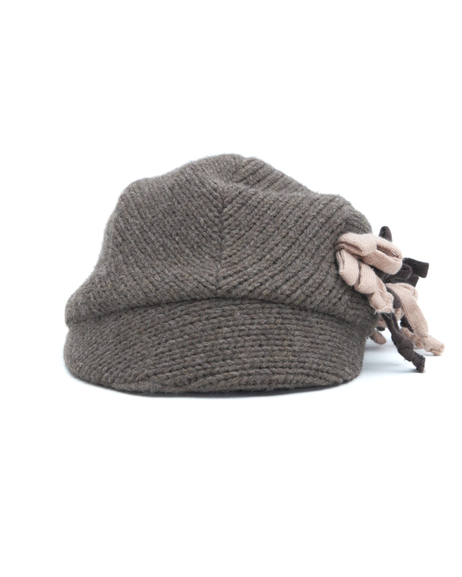 brown knit cap with floral detail