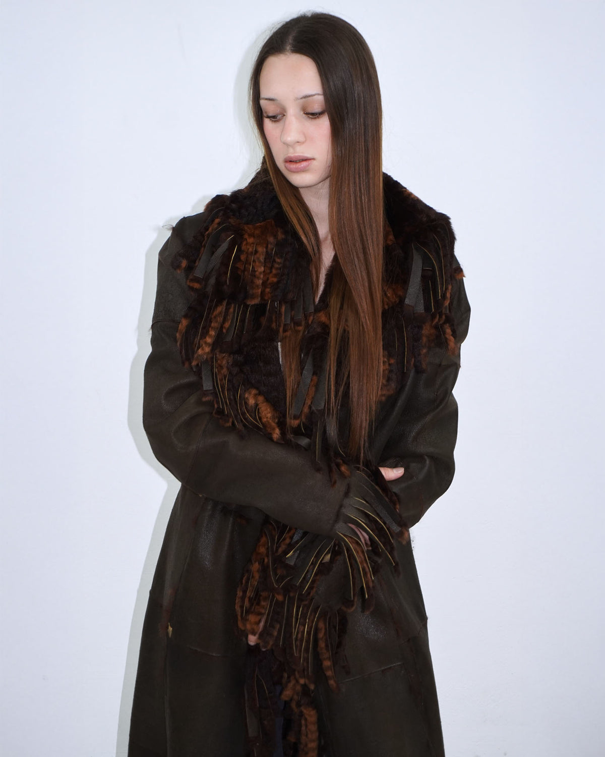 brown long reversible fur coat