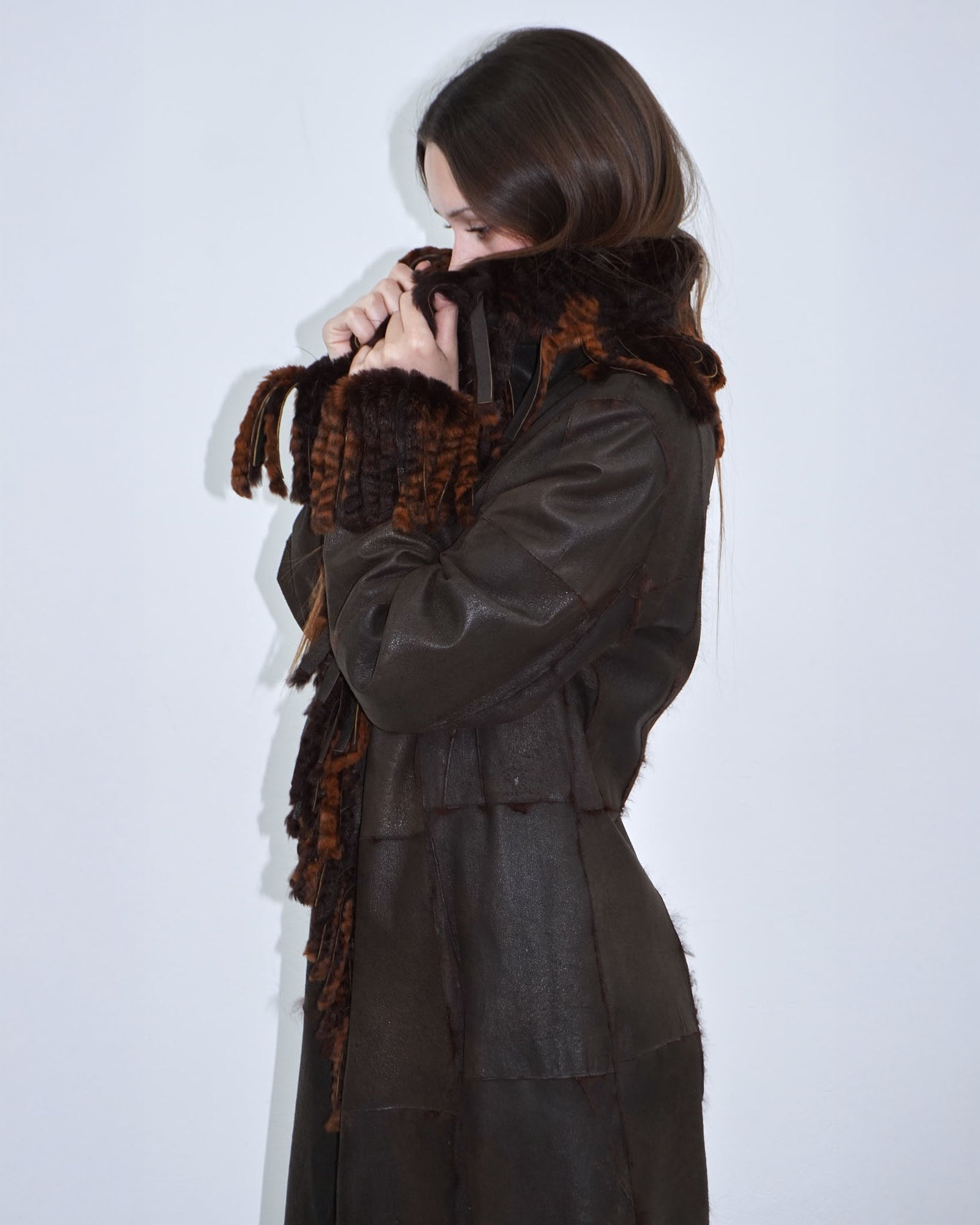 brown long reversible fur coat