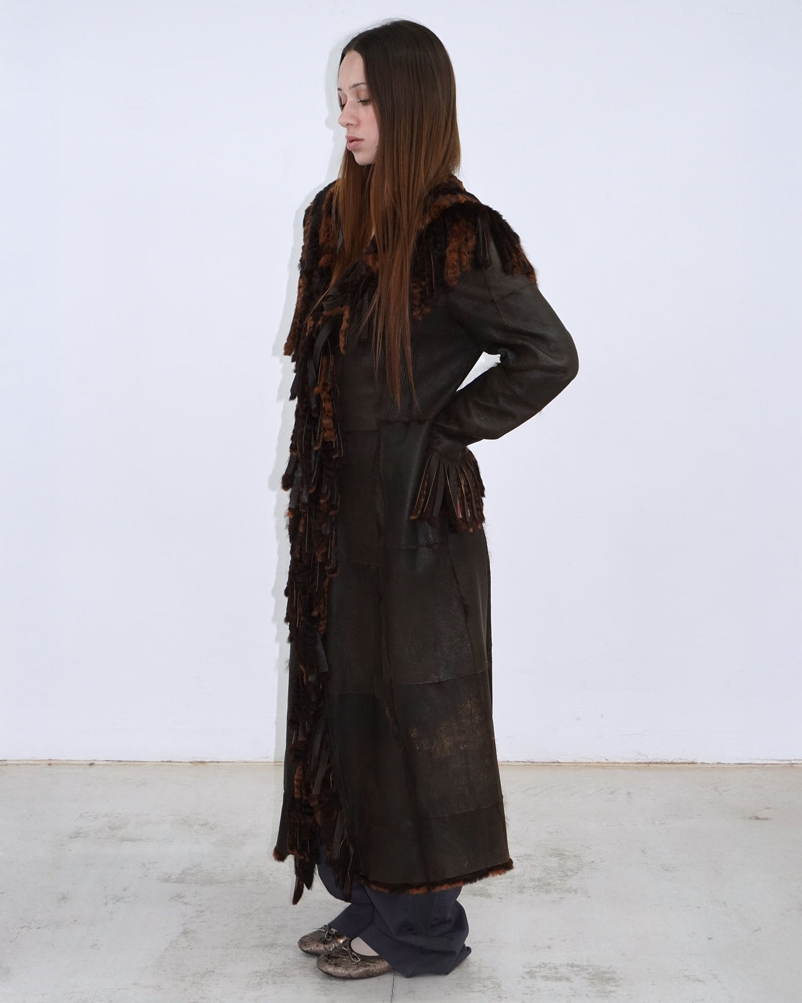 brown long reversible fur coat