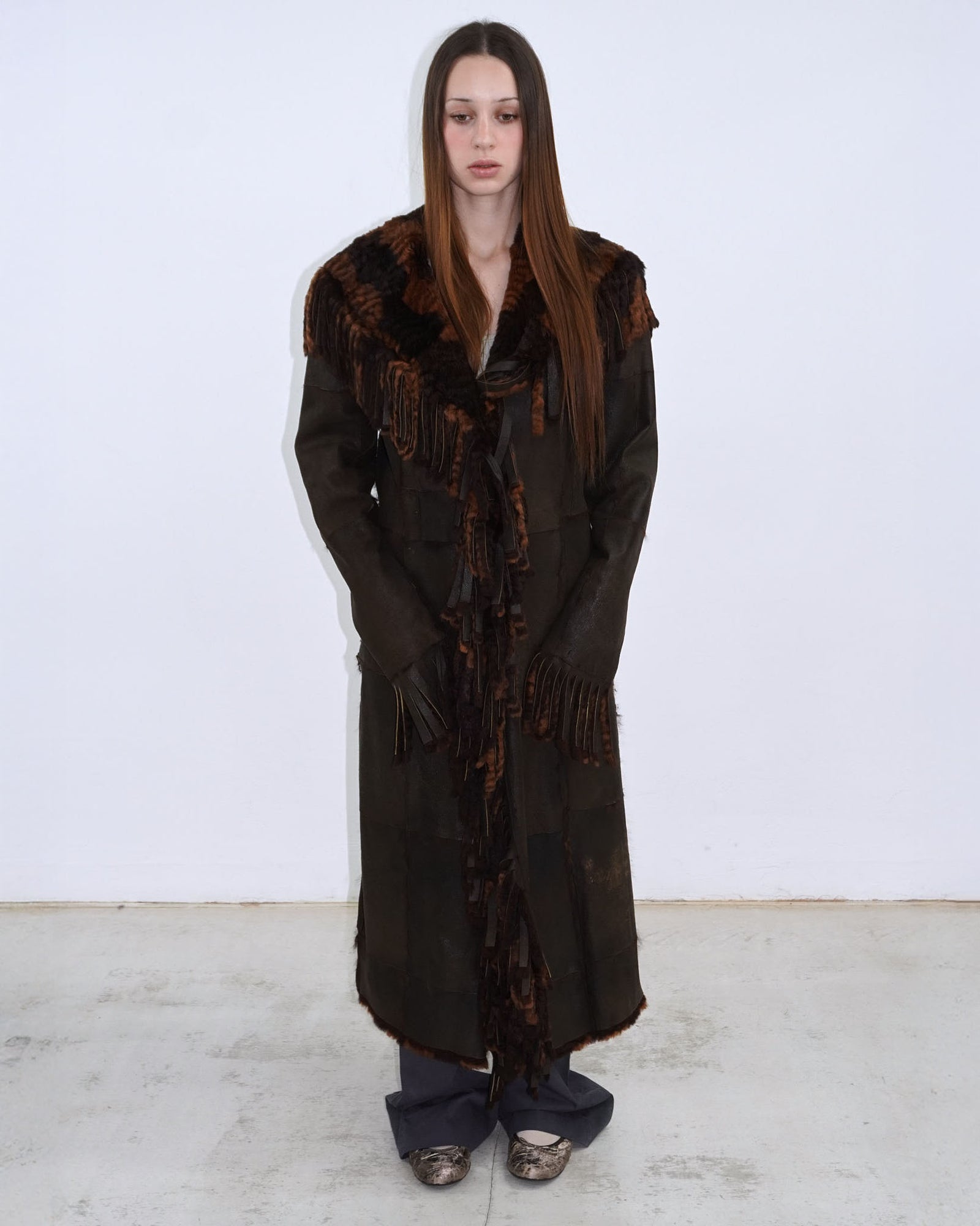 brown long reversible fur coat