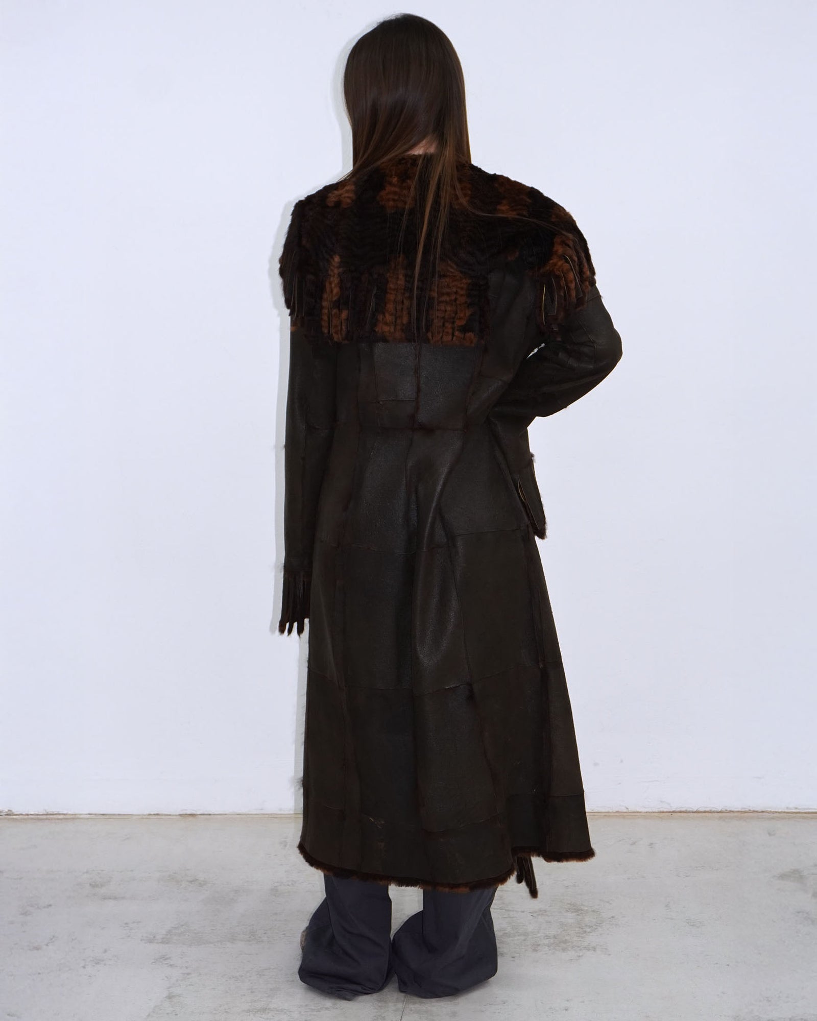 brown long reversible fur coat