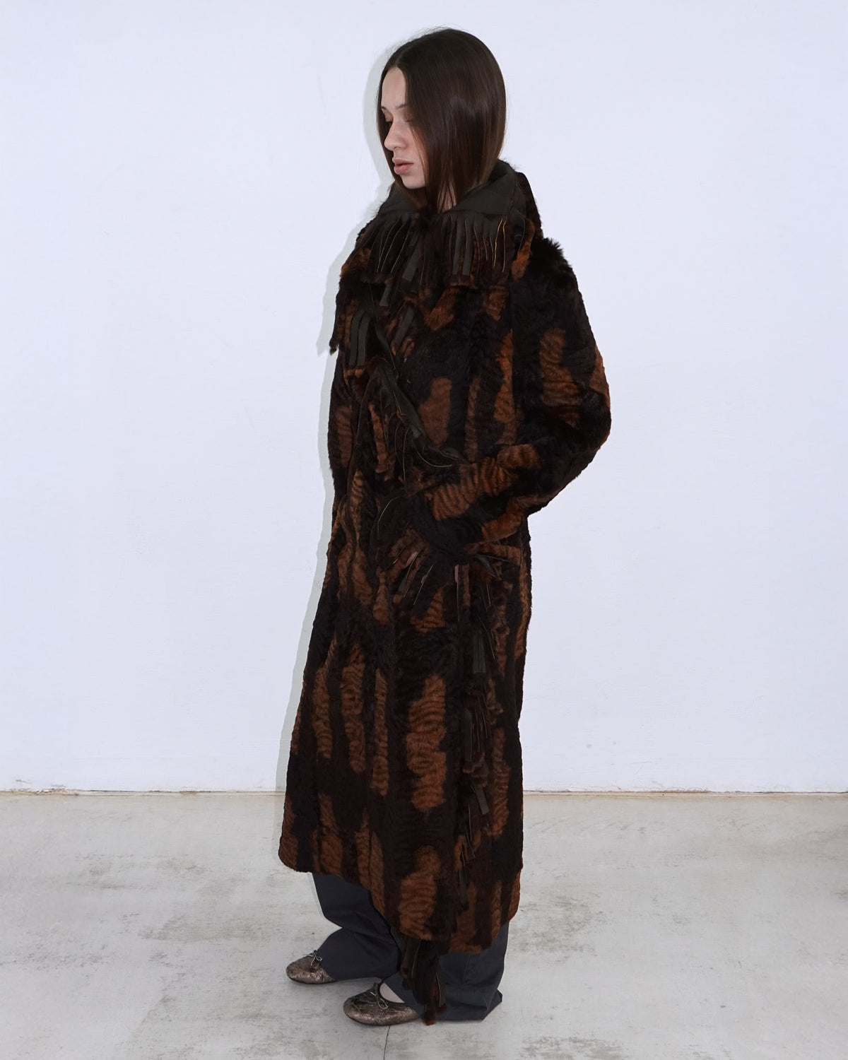 brown long reversible fur coat