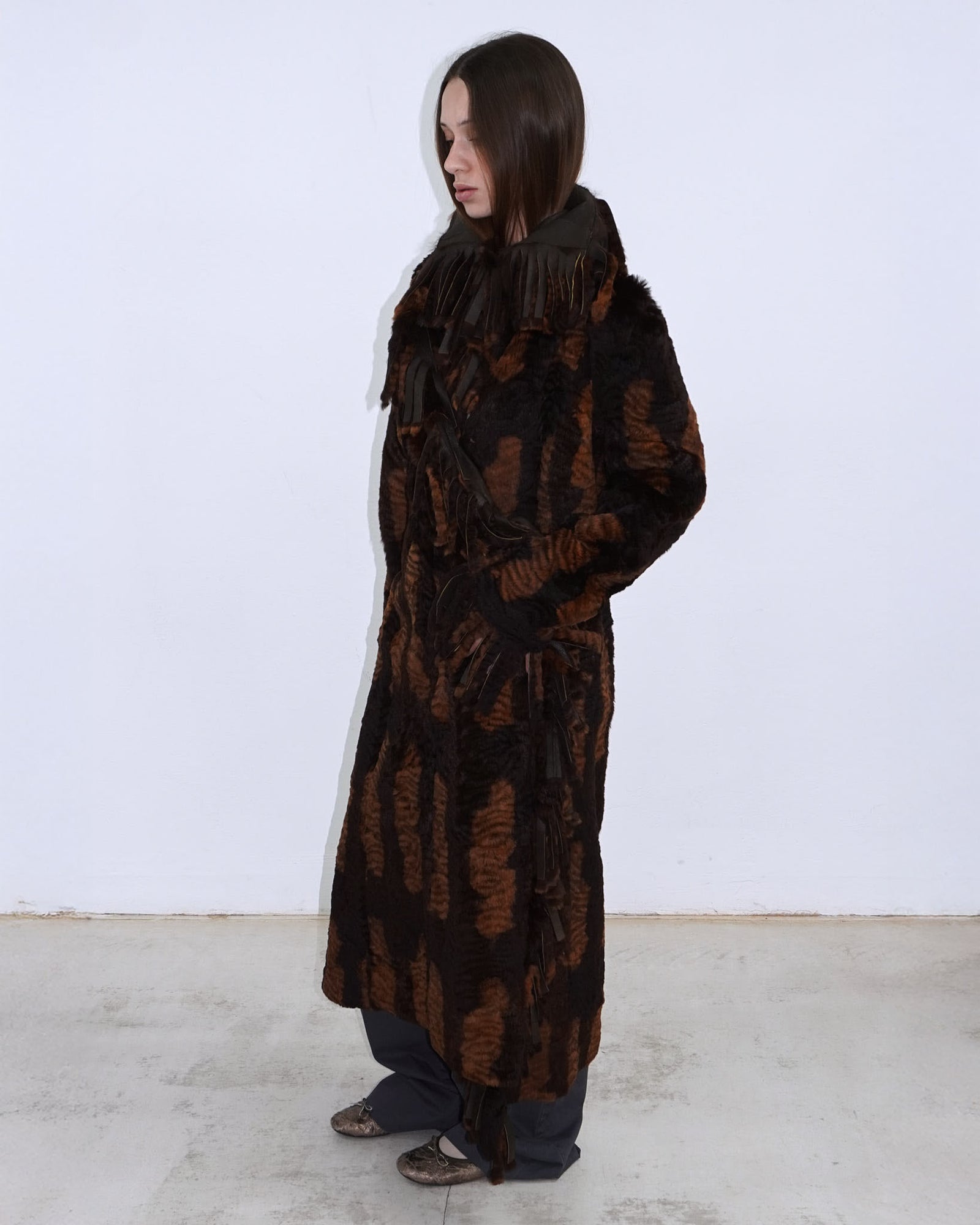 brown long reversible fur coat