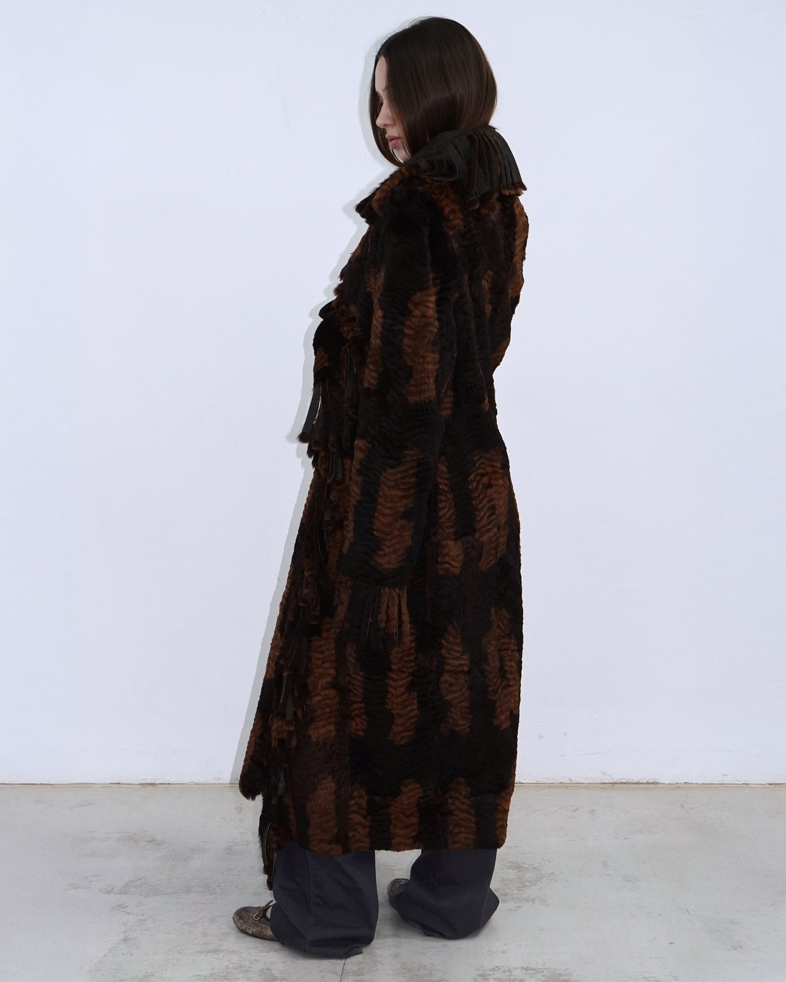 brown long reversible fur coat