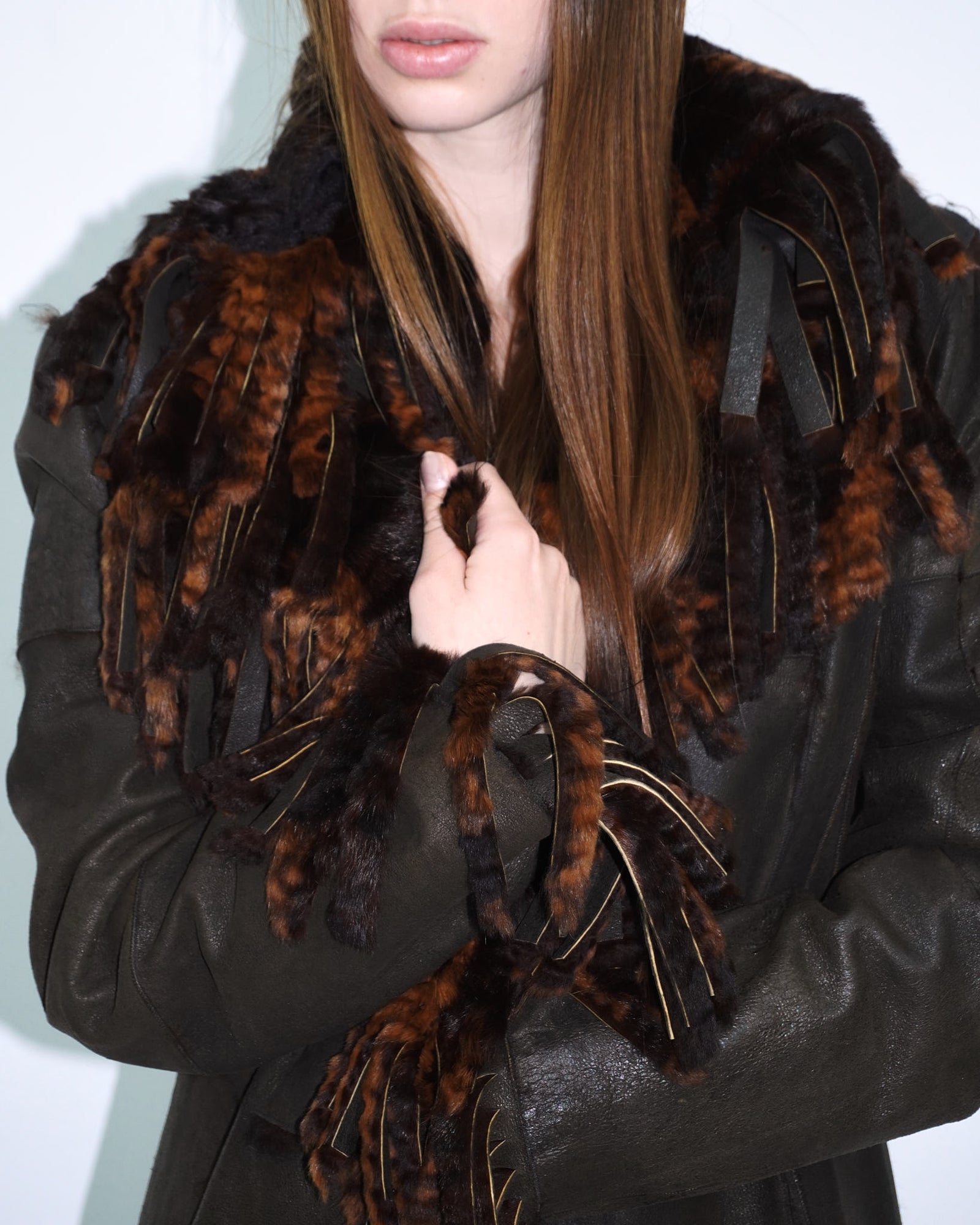 brown long reversible fur coat