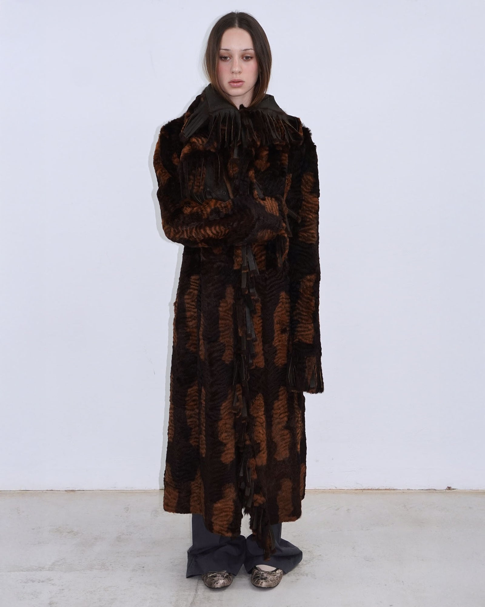 brown long reversible fur coat