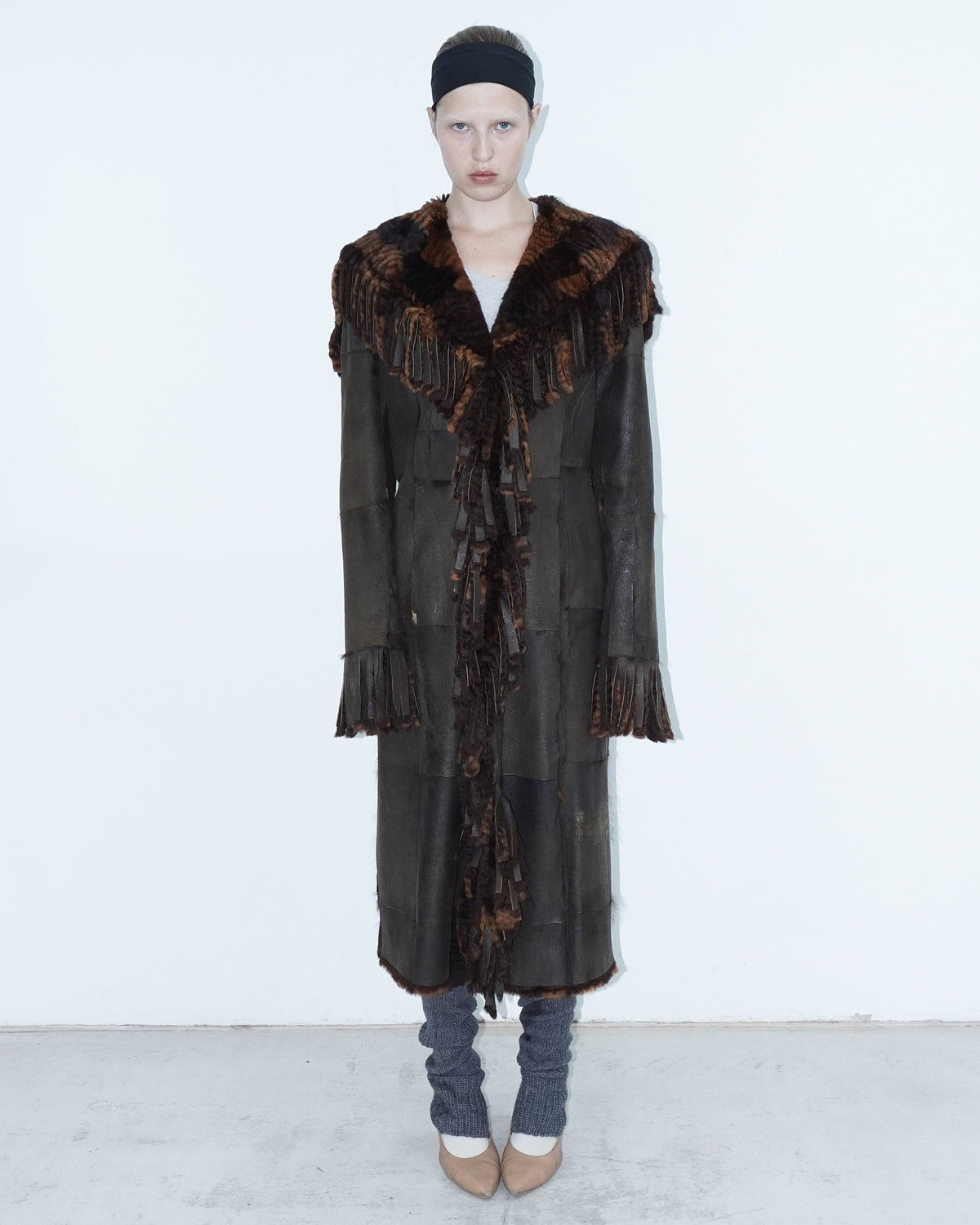 brown long reversible fur coat