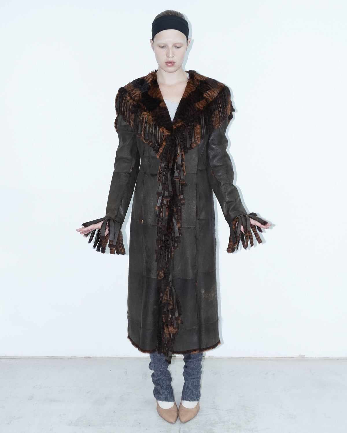 brown long reversible fur coat