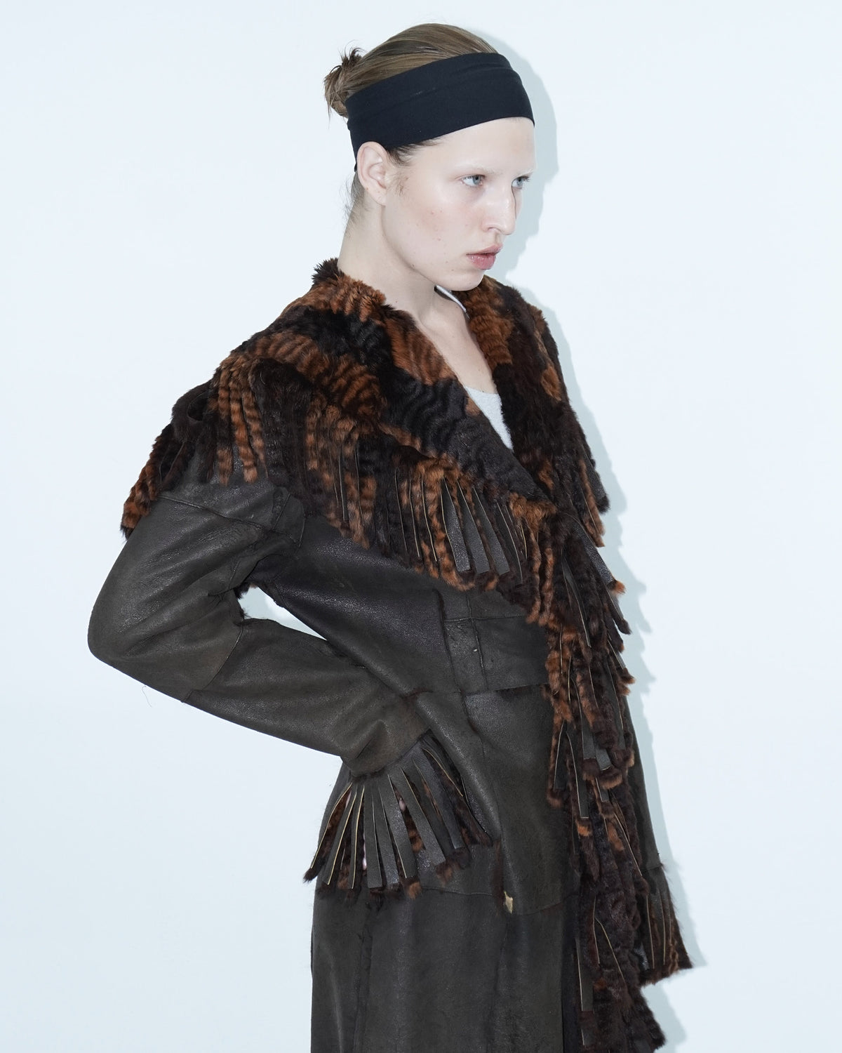 brown long reversible fur coat