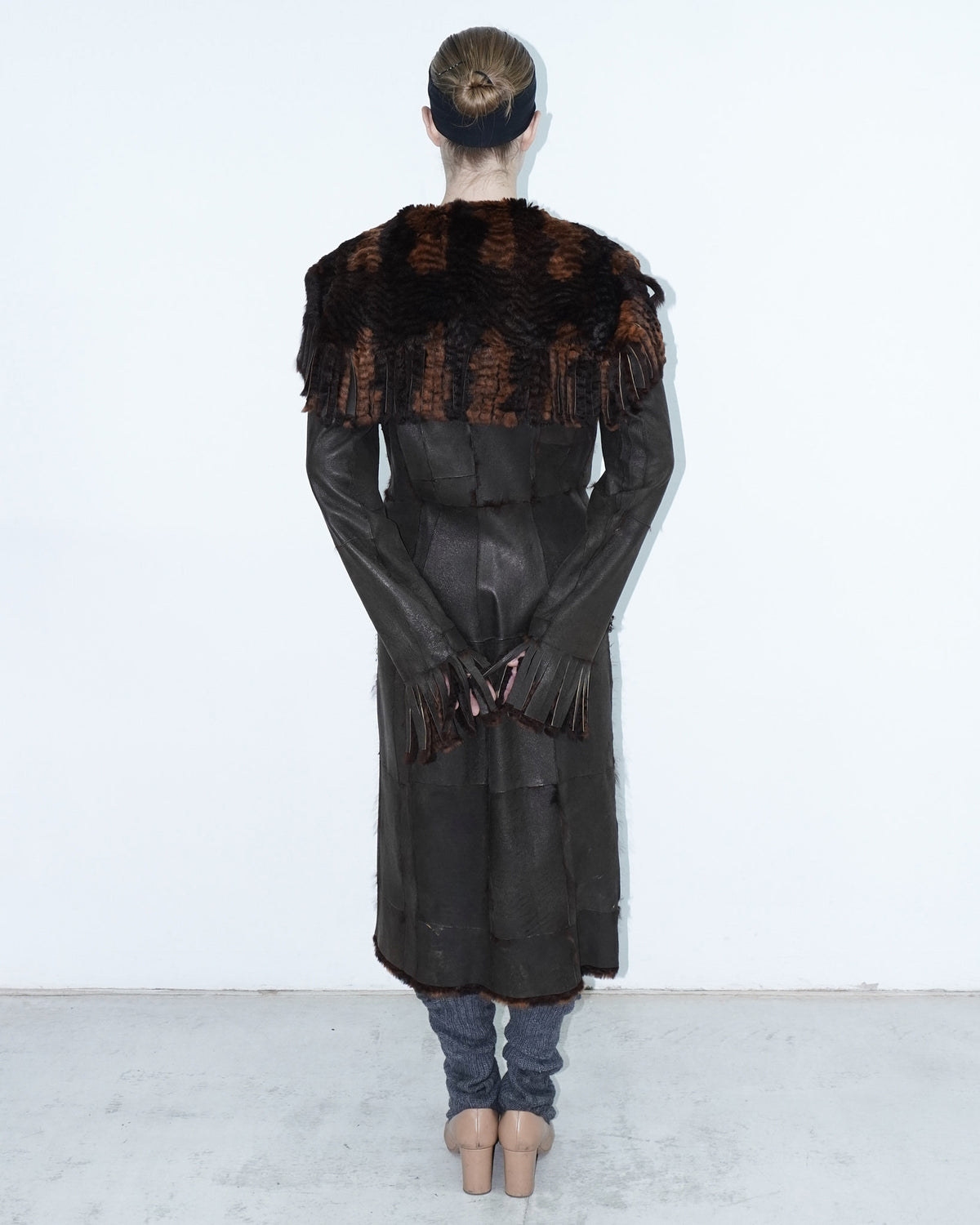 brown long reversible fur coat