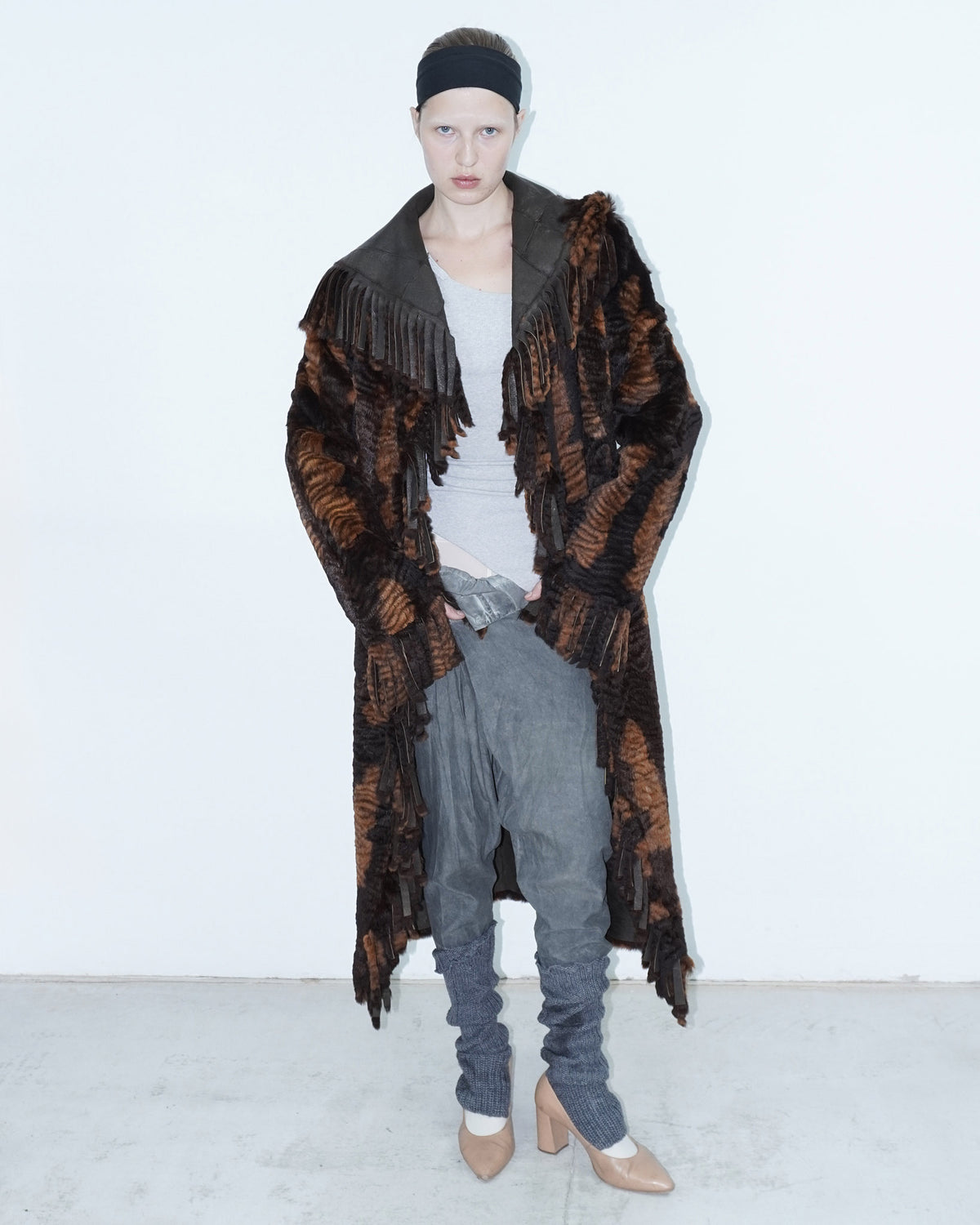 brown long reversible fur coat