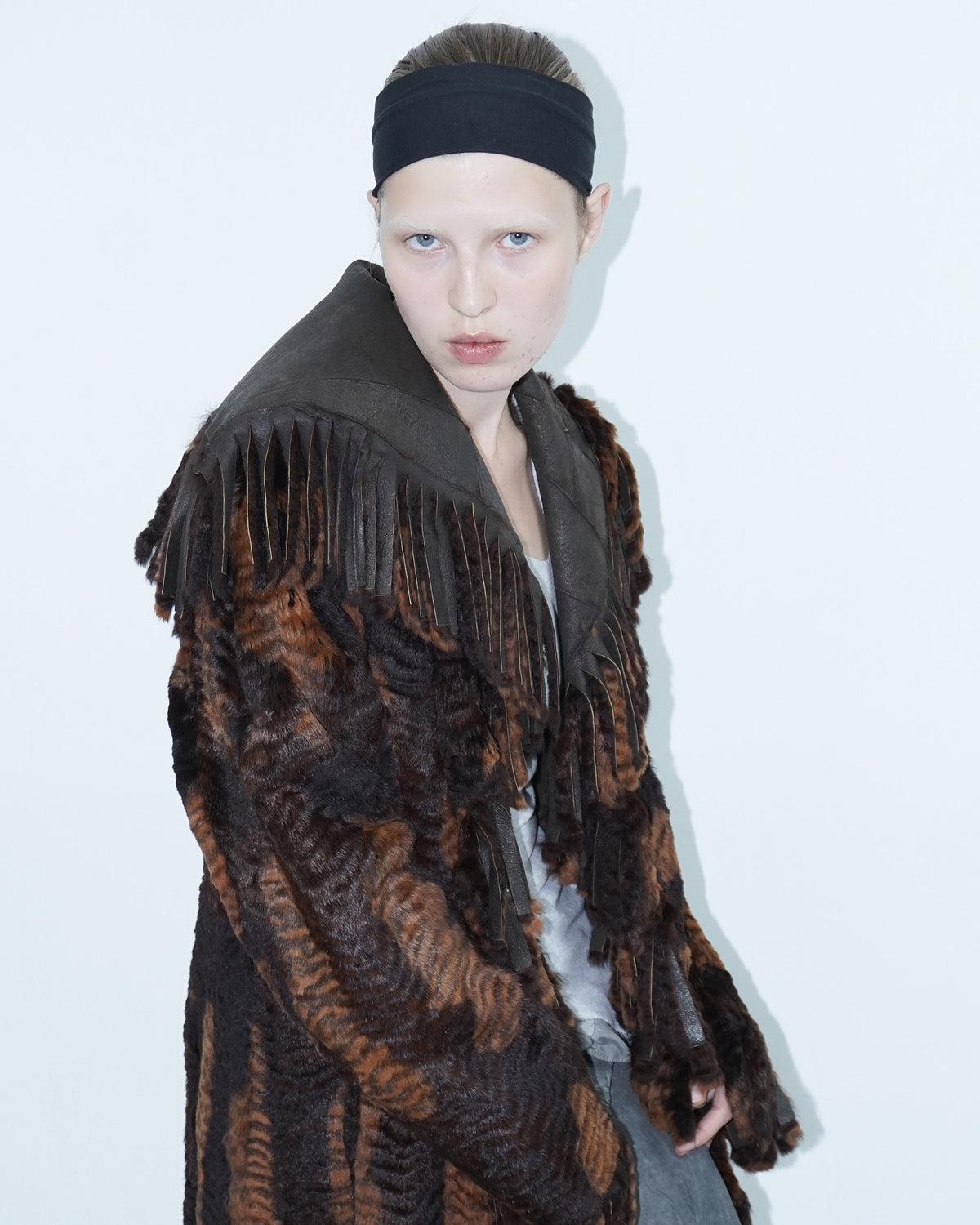 brown long reversible fur coat
