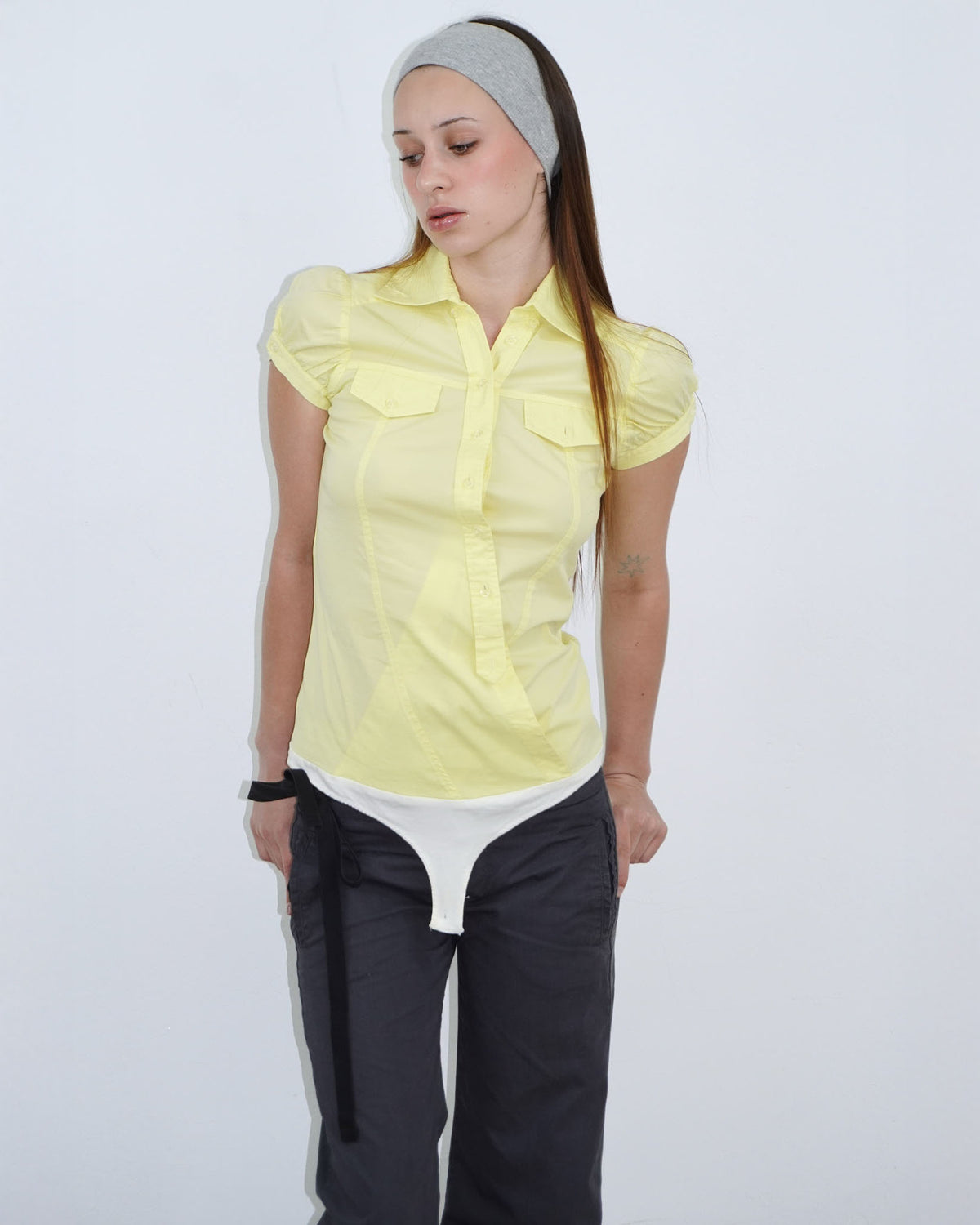 butter yellow asymmetrical button up body