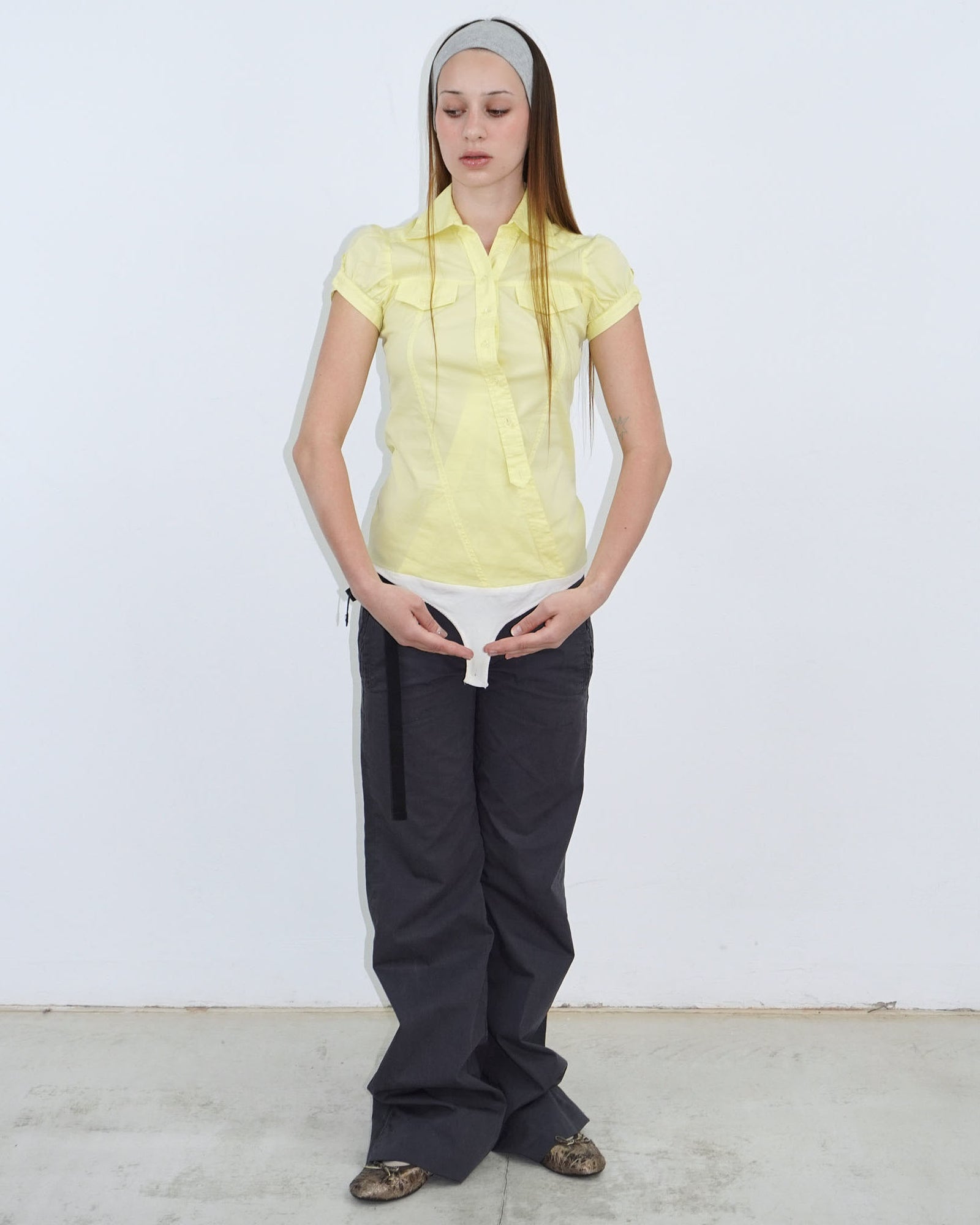 butter yellow asymmetrical button up body