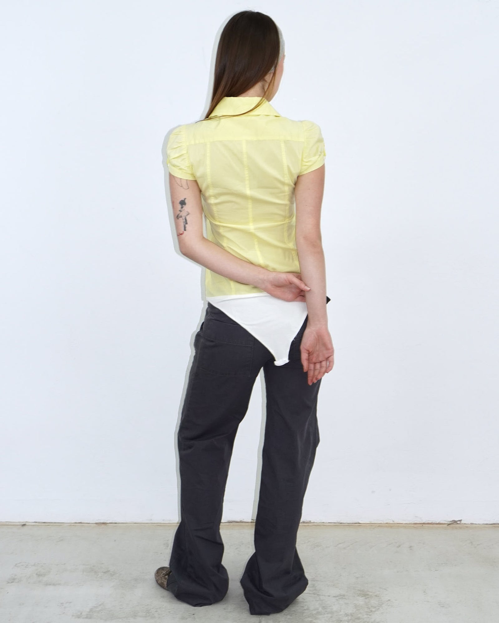 butter yellow asymmetrical button up body