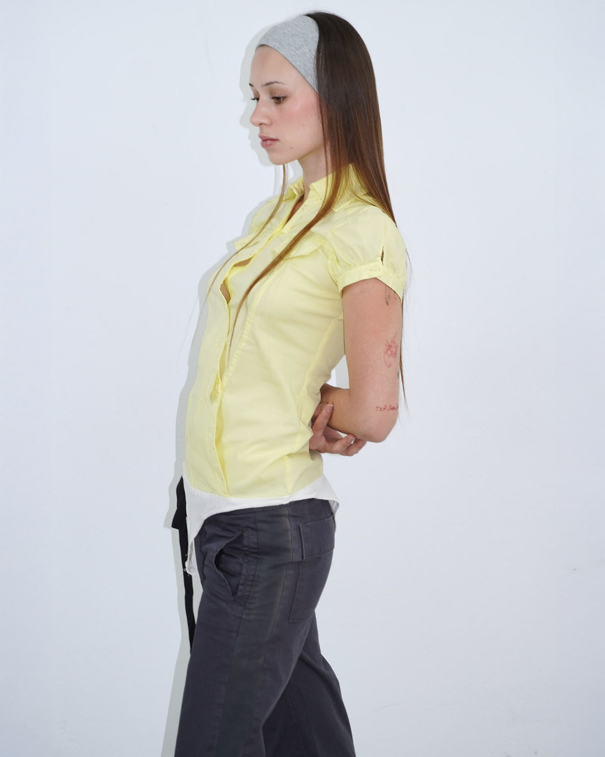 butter yellow asymmetrical button up body