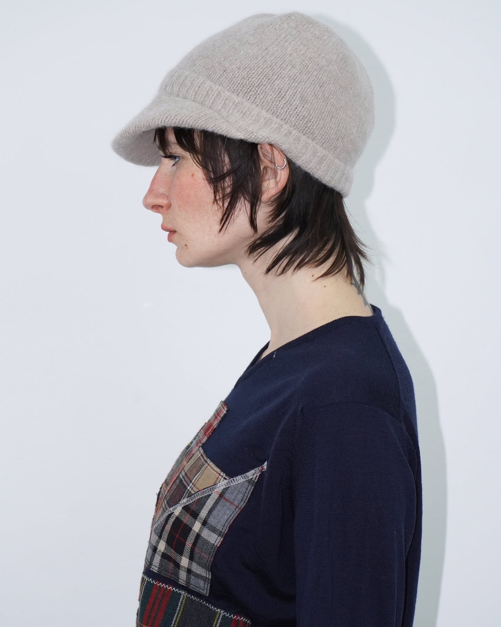 cream wool knit visor beanie
