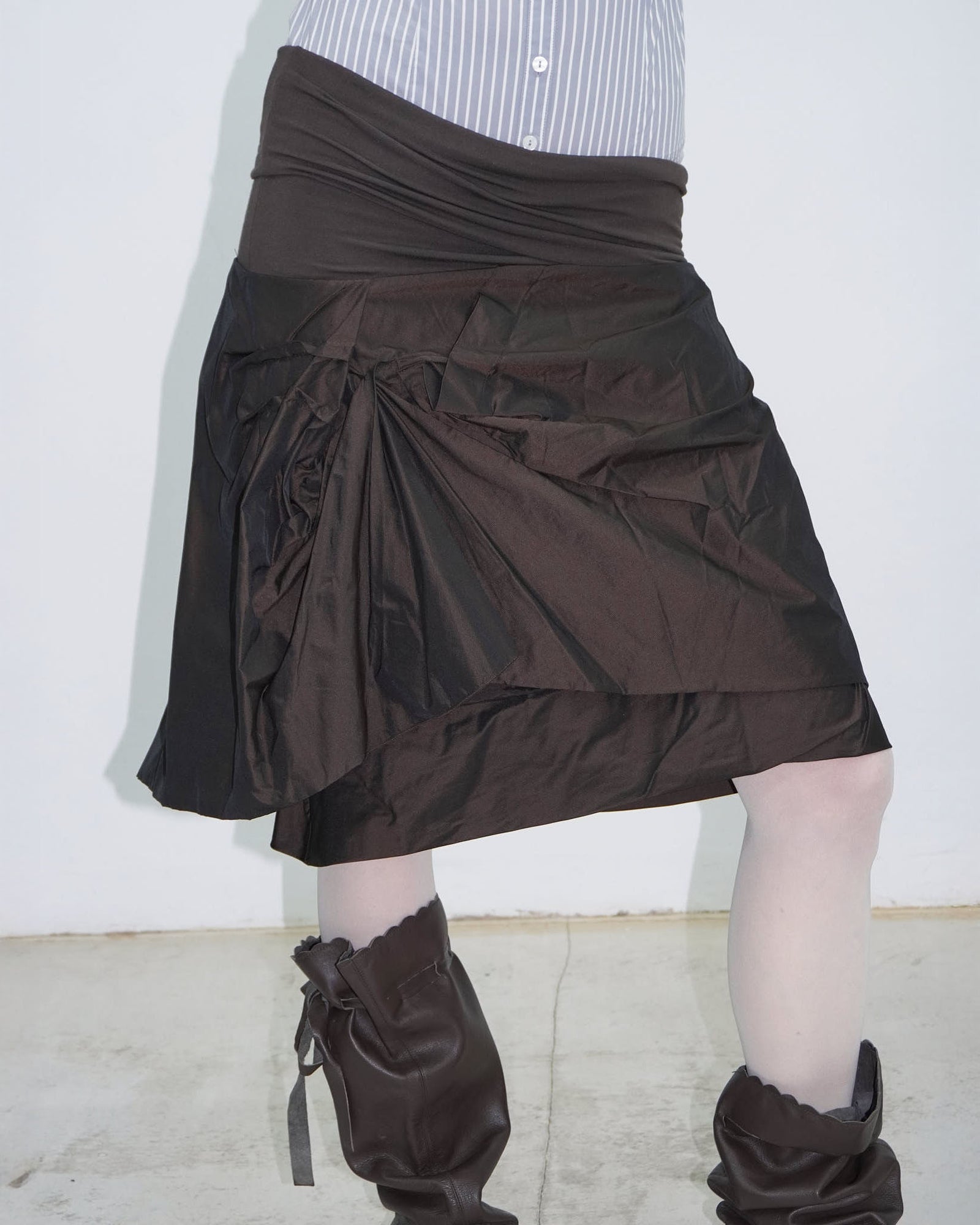 dark brown satin sculptural midi skirt
