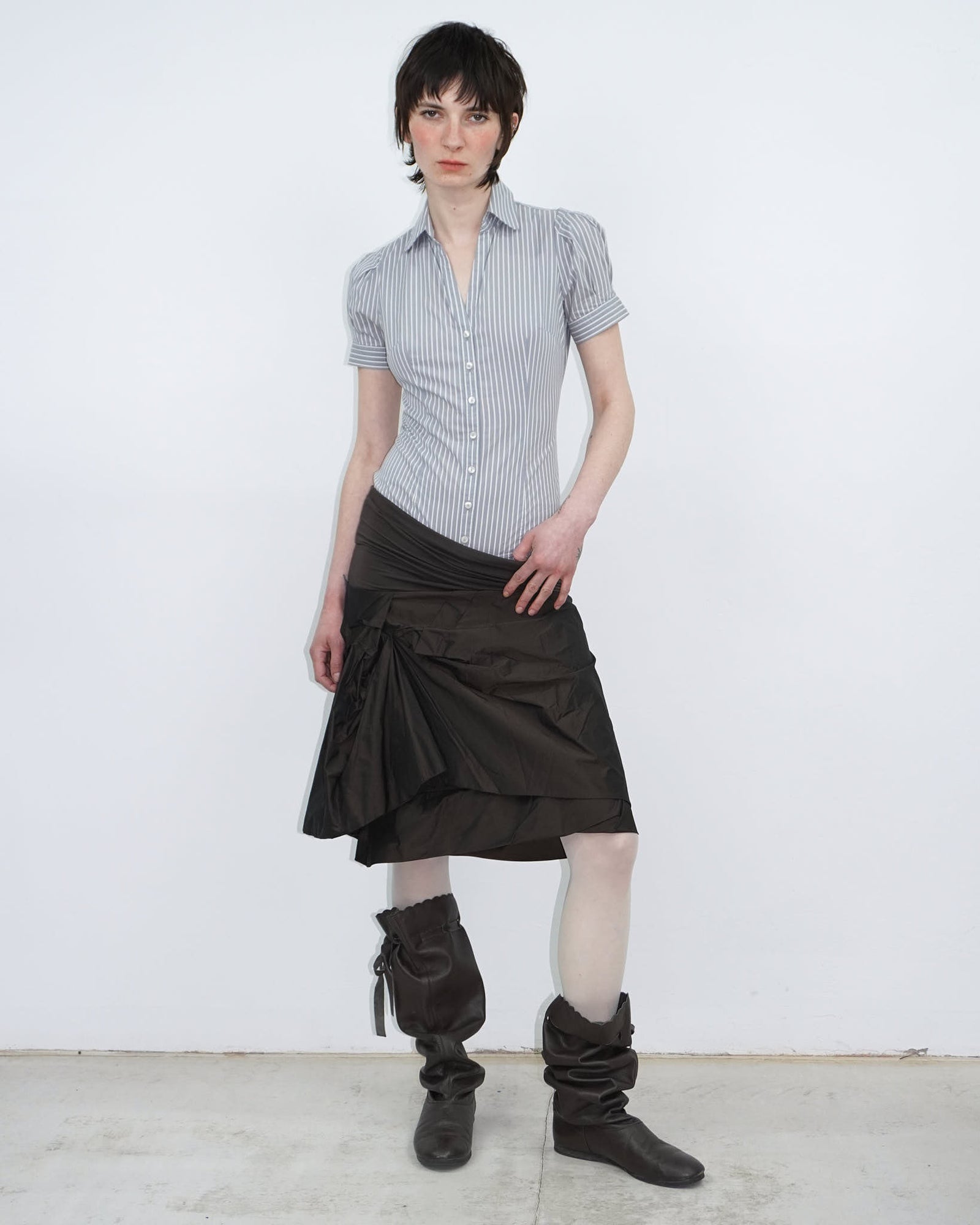dark brown satin sculptural midi skirt