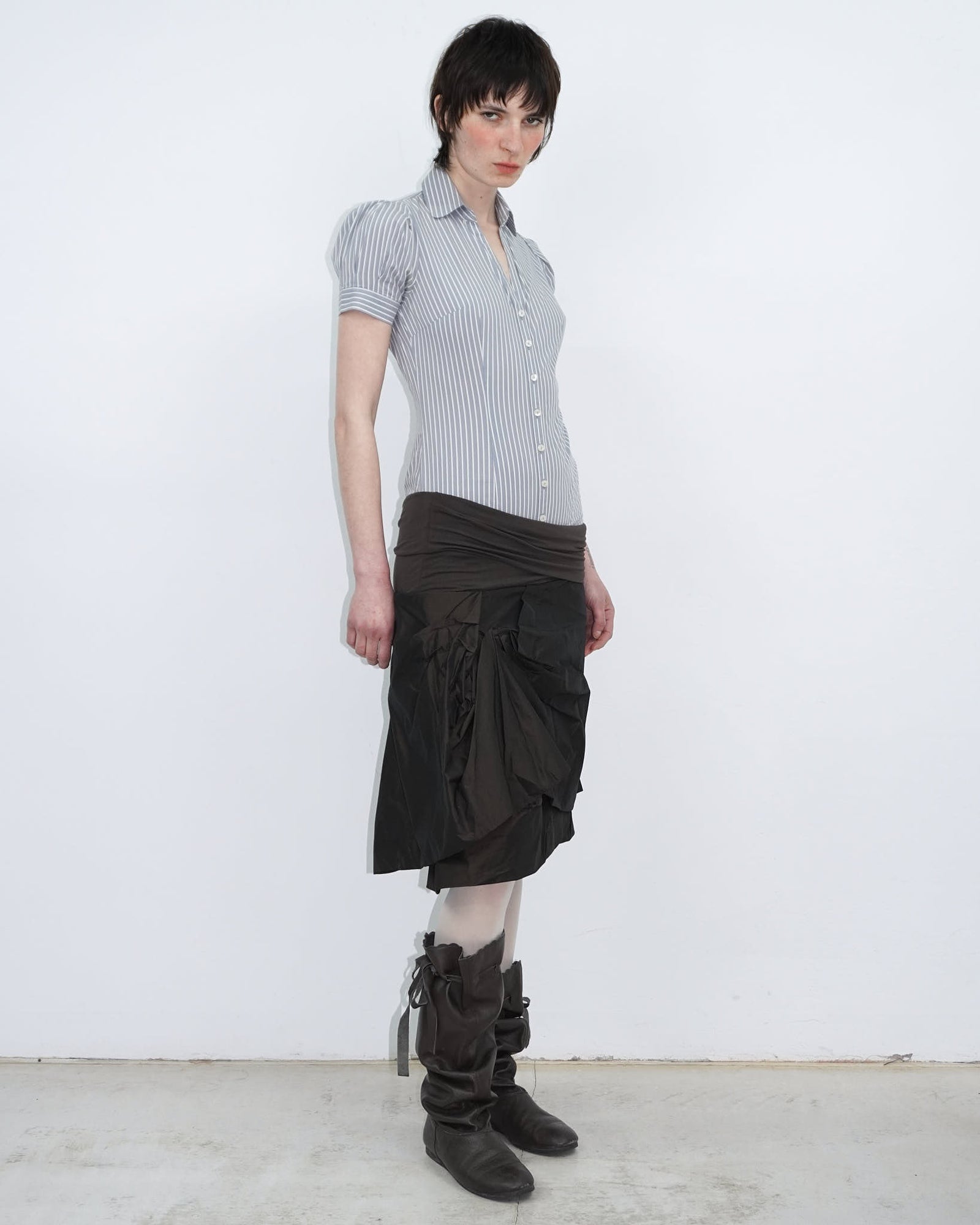 dark brown satin sculptural midi skirt