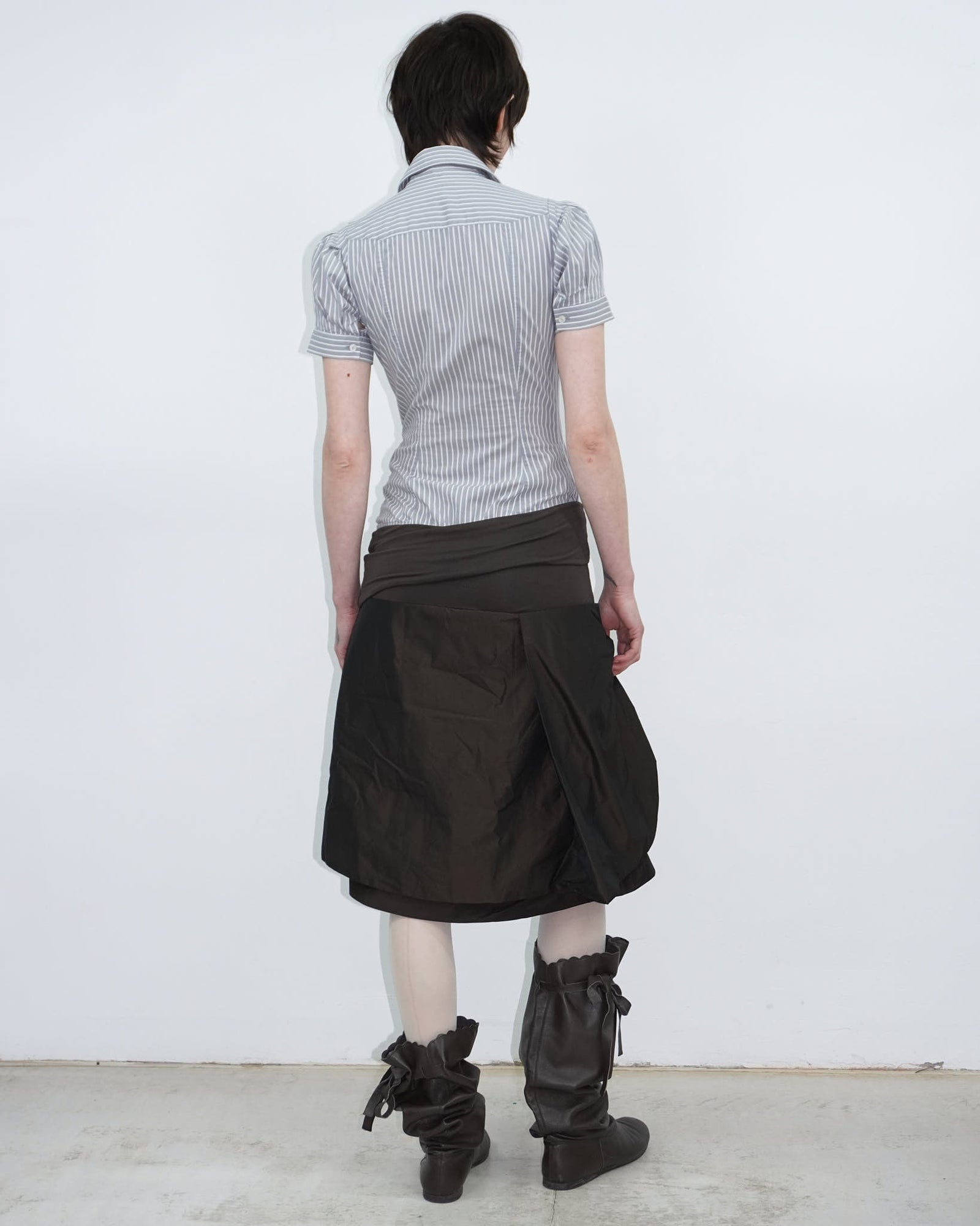 dark brown satin sculptural midi skirt