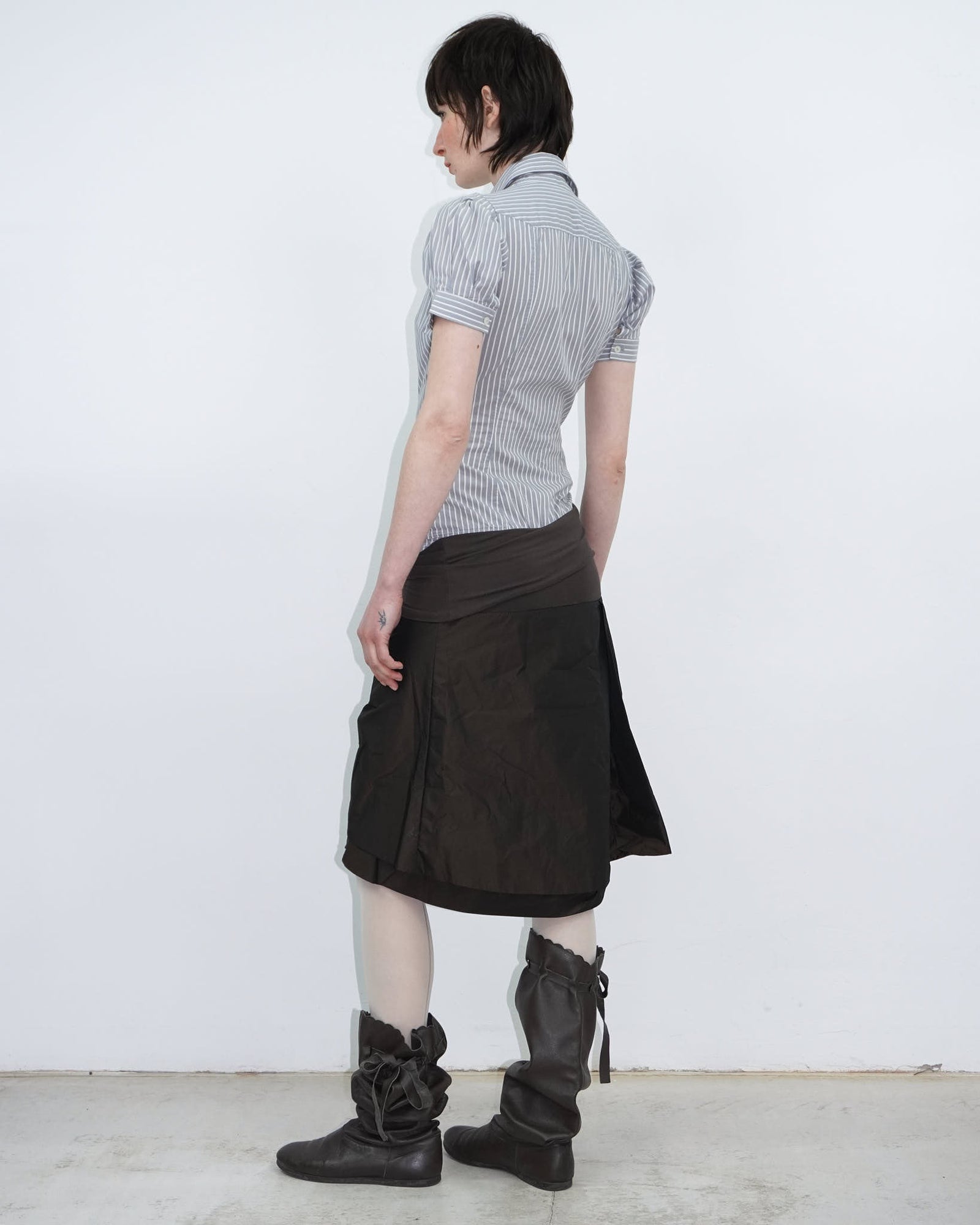 dark brown satin sculptural midi skirt